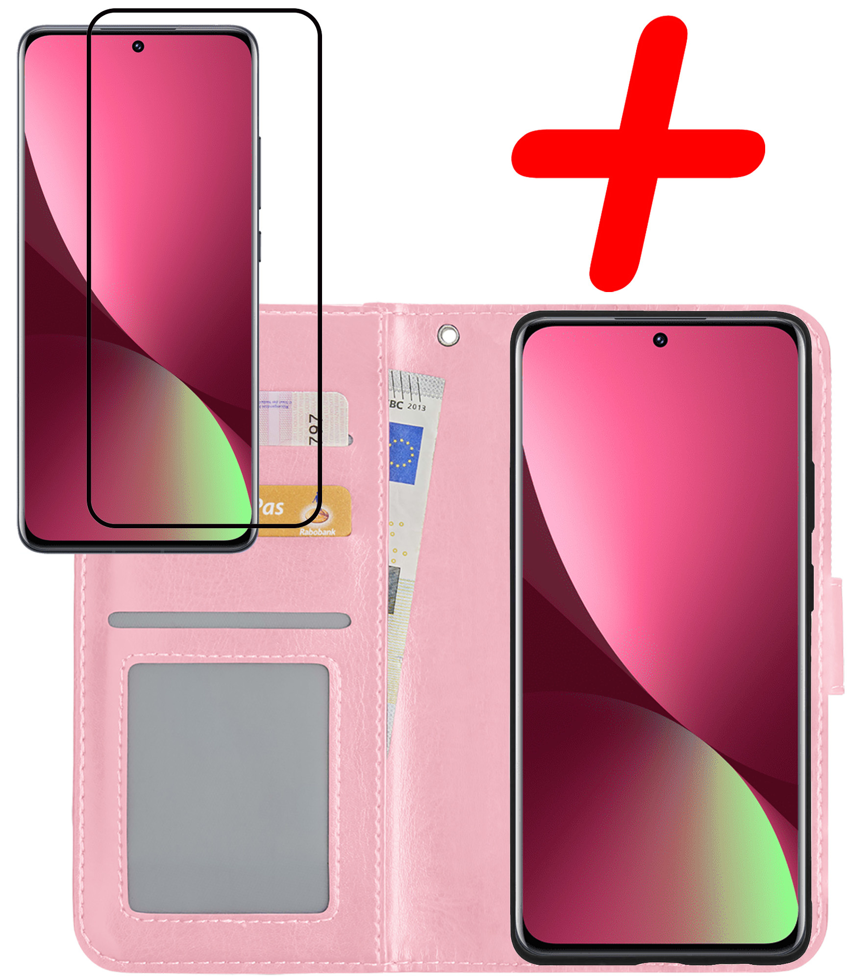 BASEY. Hoes Geschikt voor Xiaomi 12 Hoesje Bookcase Hoes Flip Case Book Cover Met Screenprotector - Hoesje Geschikt voor Xiaomi 12 Hoes Book Case Hoesje - Lichtroze