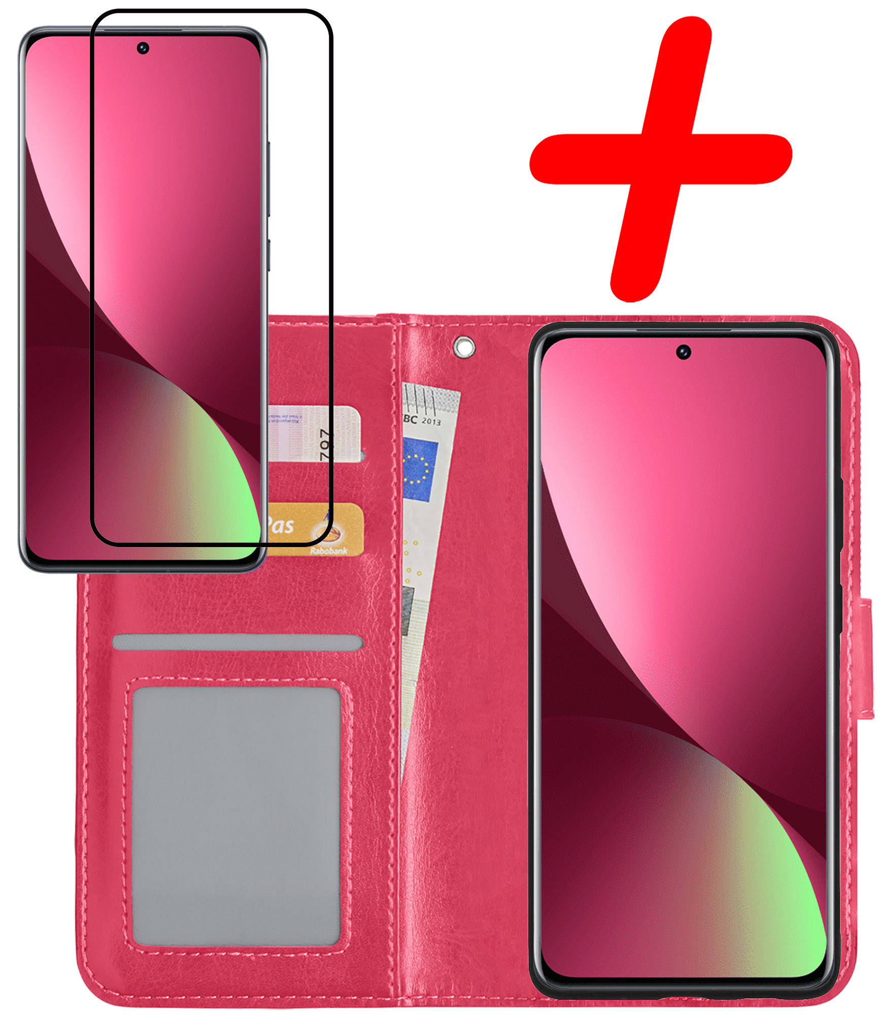BASEY. Hoes Geschikt voor Xiaomi 12 Hoesje Bookcase Hoes Flip Case Book Cover Met Screenprotector - Hoesje Geschikt voor Xiaomi 12 Hoes Book Case Hoesje - Donkerroze