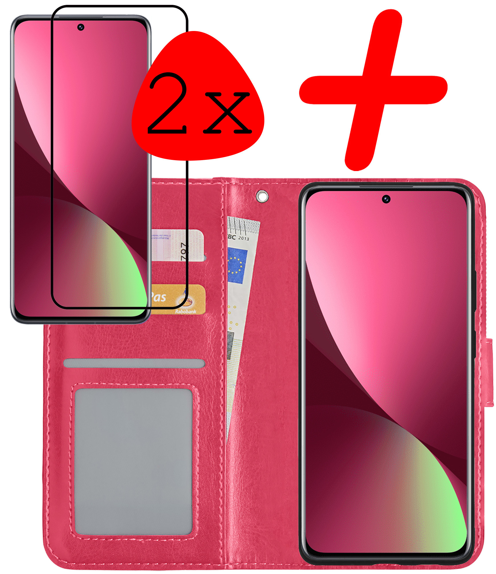 BASEY. Hoes Geschikt voor Xiaomi 12X Hoesje Bookcase Hoes Flip Case Book Cover Met 2x Screenprotector - Hoesje Geschikt voor Xiaomi 12X Hoes Book Case Hoesje - Donkerroze