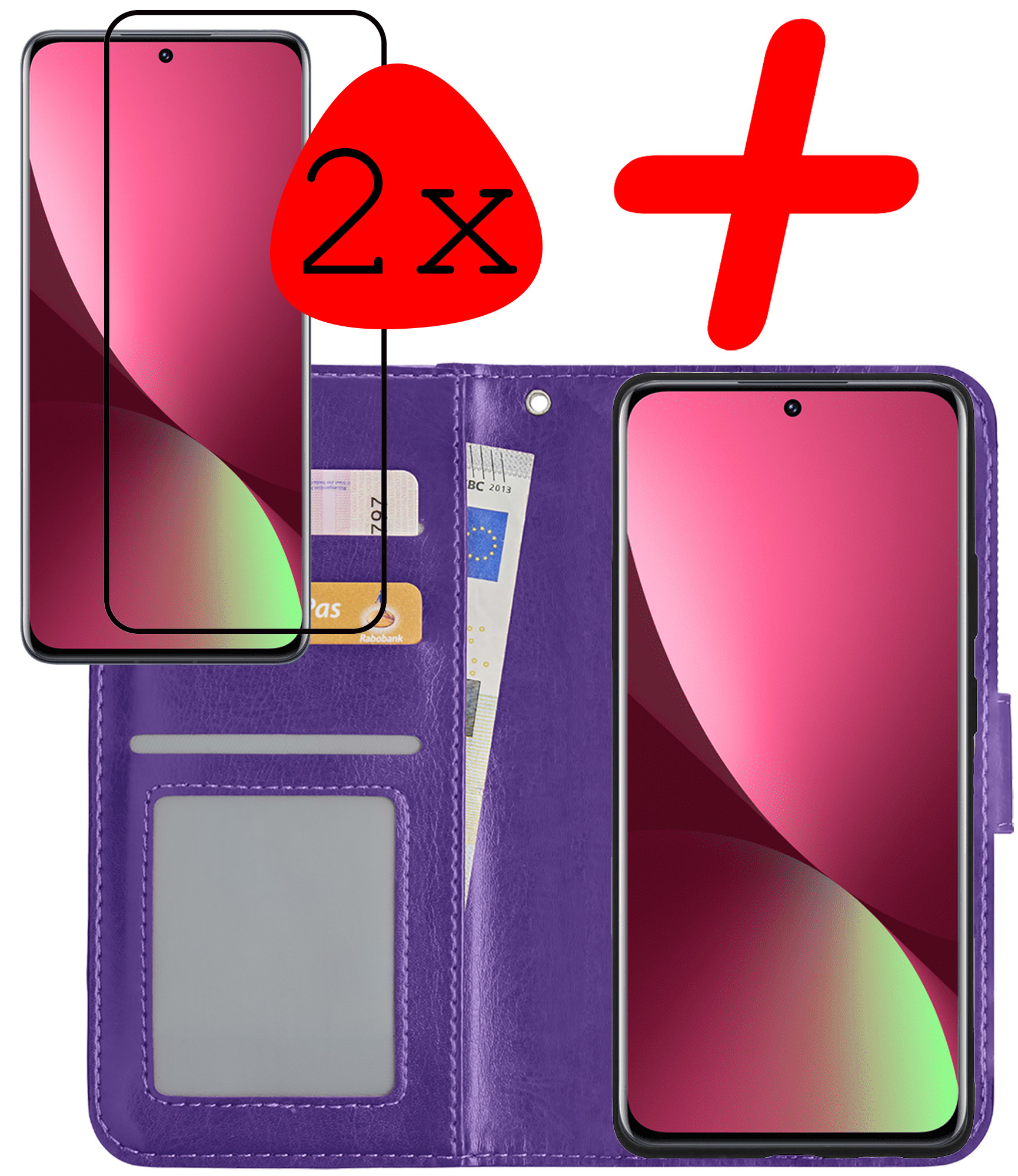 BASEY. Hoes Geschikt voor Xiaomi 12X Hoesje Bookcase Hoes Flip Case Book Cover Met 2x Screenprotector - Hoesje Geschikt voor Xiaomi 12X Hoes Book Case Hoesje - Paars