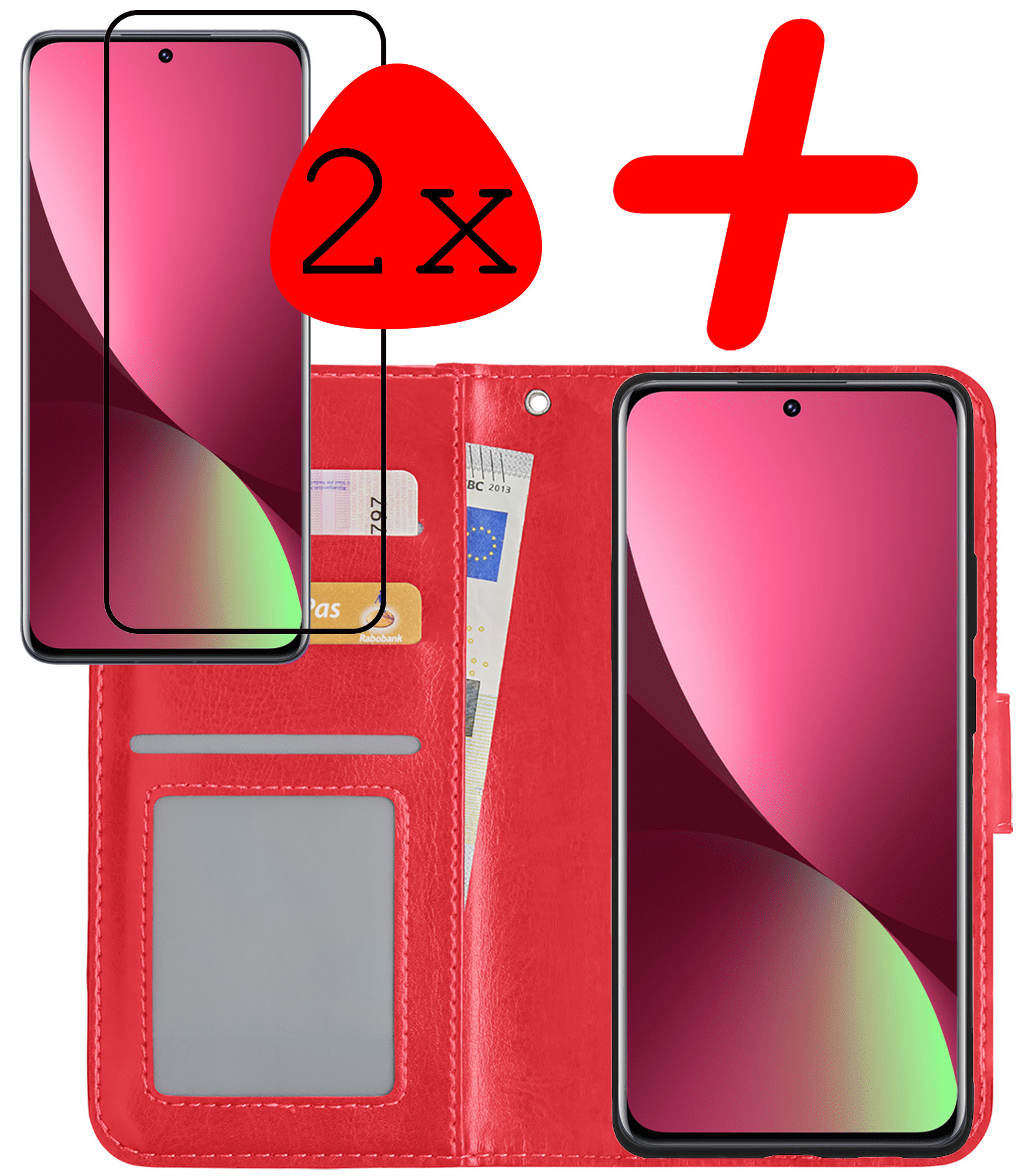BASEY. Hoes Geschikt voor Xiaomi 12X Hoesje Bookcase Hoes Flip Case Book Cover Met 2x Screenprotector - Hoesje Geschikt voor Xiaomi 12X Hoes Book Case Hoesje - Rood