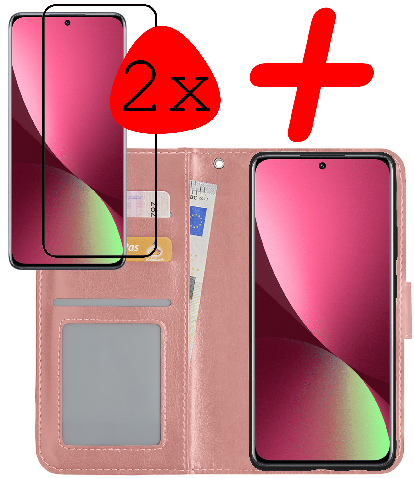 BASEY. Hoes Geschikt voor Xiaomi 12X Hoesje Bookcase Hoes Flip Case Book Cover Met 2x Screenprotector - Hoesje Geschikt voor Xiaomi 12X Hoes Book Case Hoesje - Rosé goud