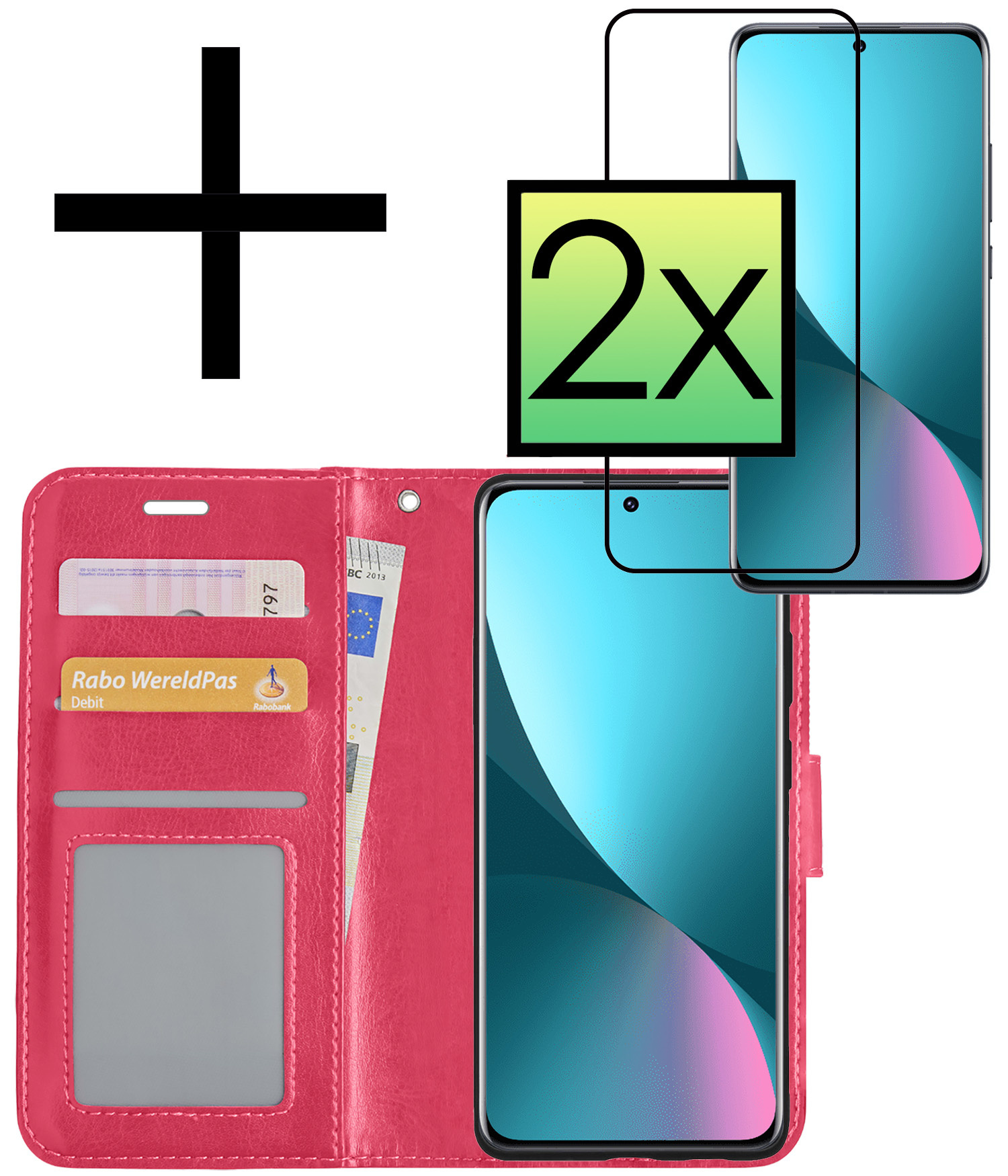 NoXx Hoes Geschikt voor Xiaomi 12X Hoesje Book Case Hoes Flip Cover Wallet Bookcase Met 2x Screenprotector - Donkerroze