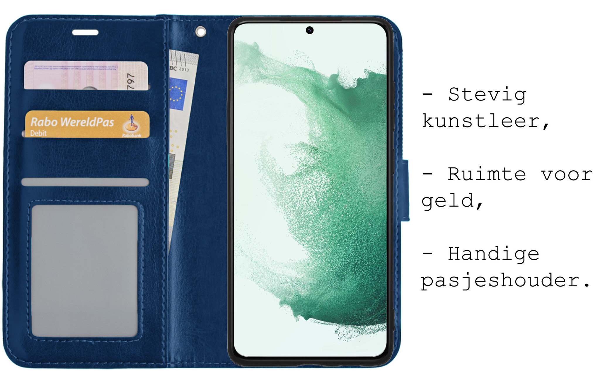 BASEY. Hoes Geschikt voor Samsung S22 Plus Hoesje Bookcase Hoes Flip Case Book Cover - Hoesje Geschikt voor Samsung Galaxy S22 Plus Hoes Book Case Hoesje - Donkerblauw