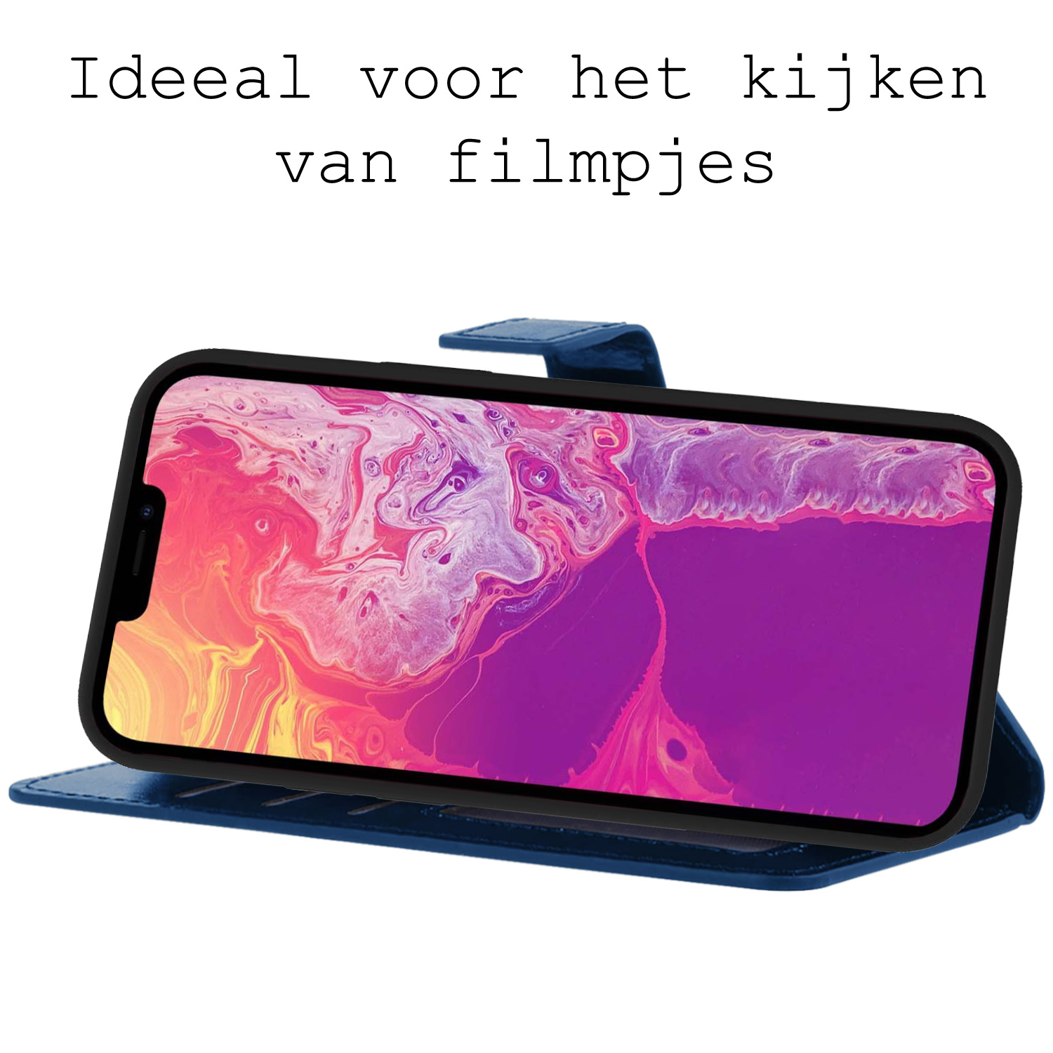 BASEY. Hoes Geschikt voor iPhone 13 Hoesje Bookcase Hoes Flip Case Book Cover - Hoesje Geschikt voor iPhone 13 Hoes Book Case Hoesje - Donkerblauw