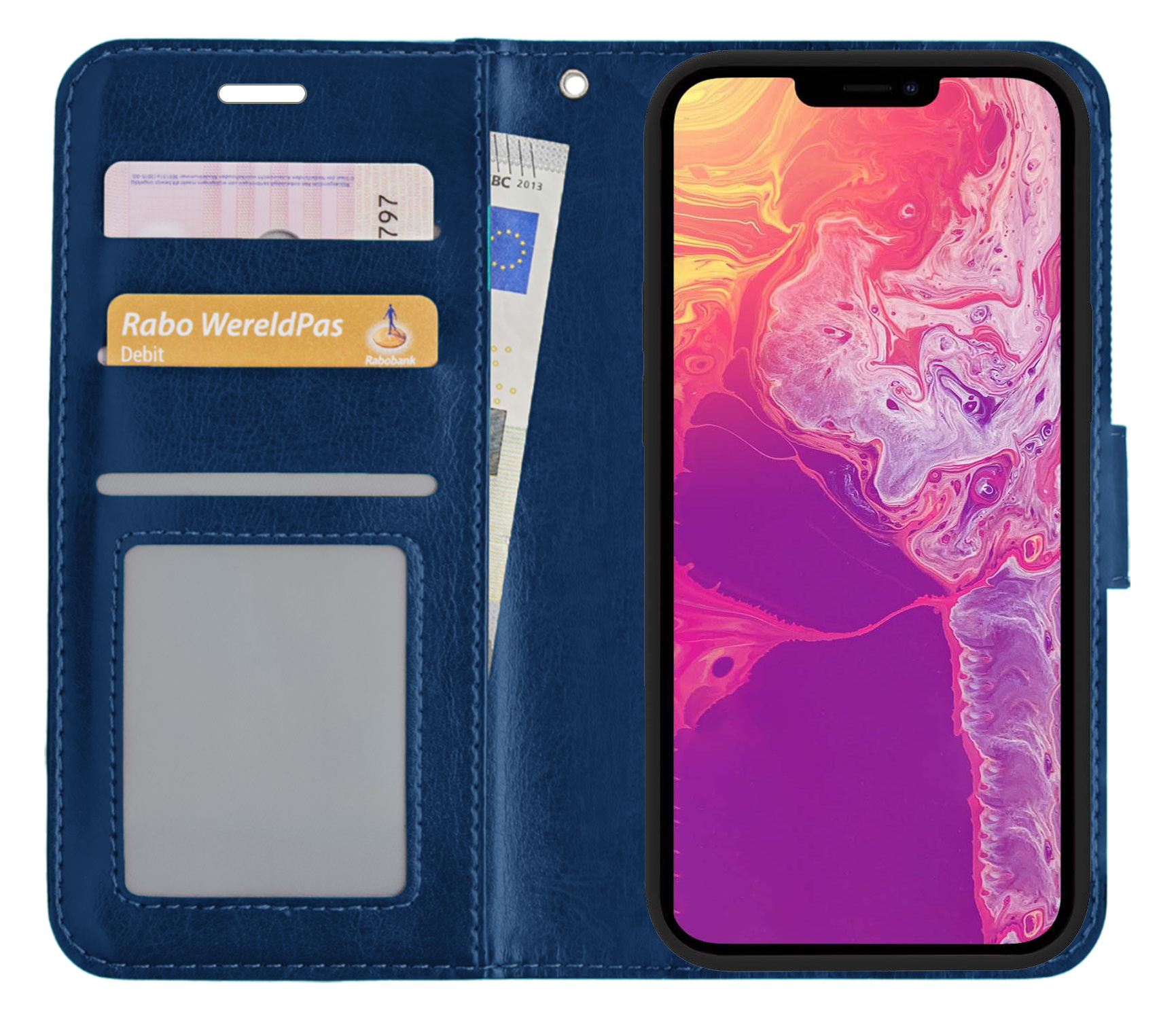 BASEY. Hoes Geschikt voor iPhone 13 Pro Max Hoesje Bookcase Hoes Flip Case Book Cover - Hoesje Geschikt voor iPhone 13 Pro Max Hoes Book Case Hoesje - Donkerblauw