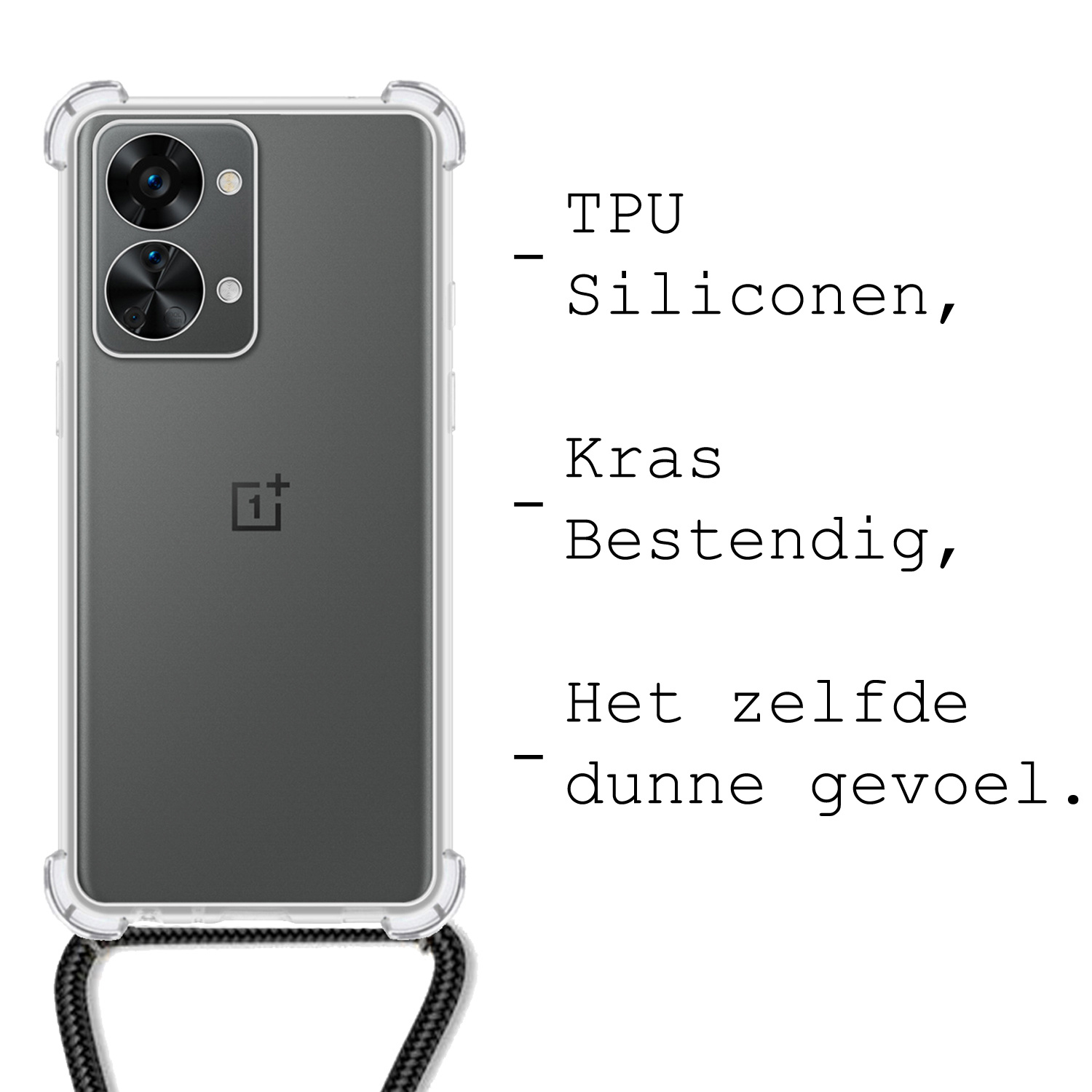 BASEY. Hoes Geschikt voor OnePlus Nord 2T Hoesje Shock Proof Case Met Koord Shock Hoes Met Koord - Hoesje Geschikt voor OnePlus Nord 2T Hoes Cover Met Koord - Transparant