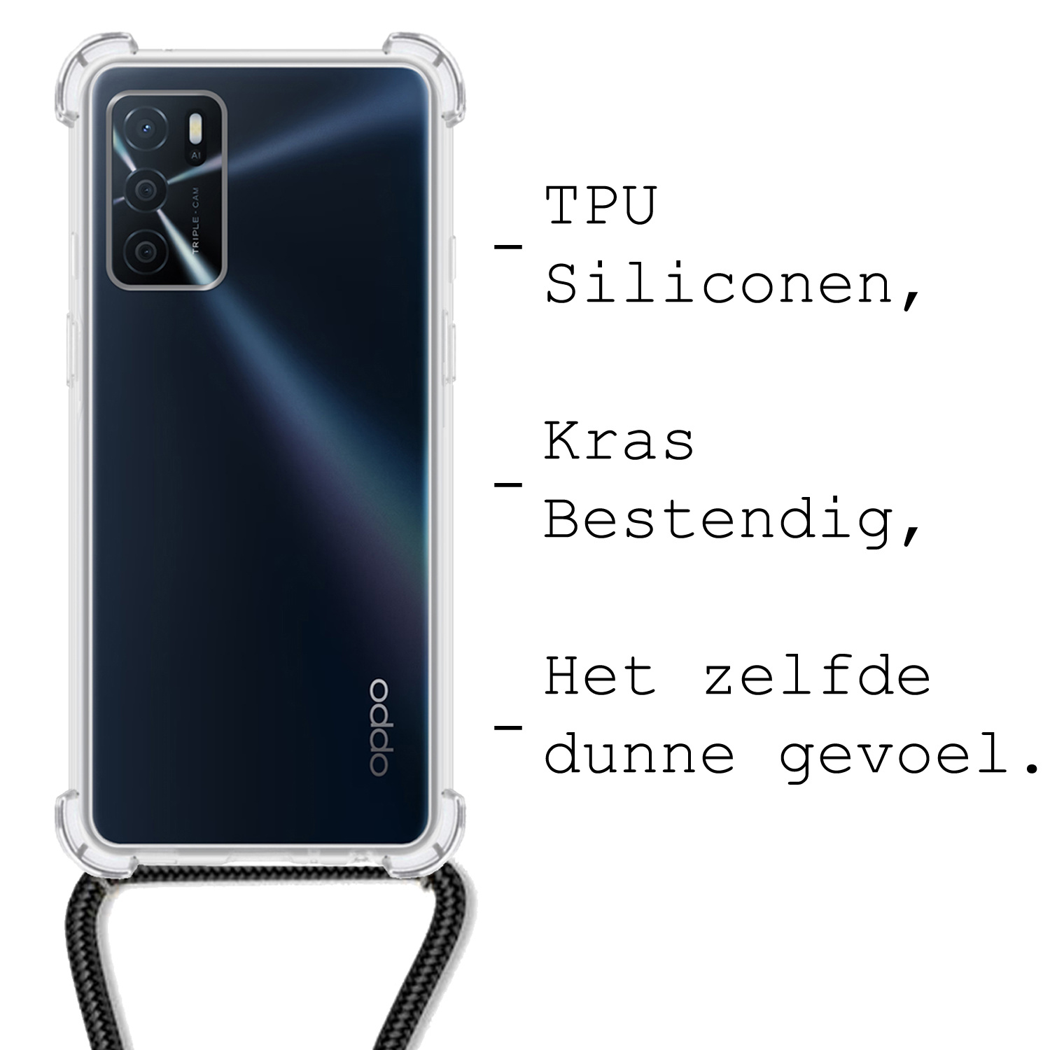 BASEY. Hoes Geschikt voor OPPO A16 Hoesje Shock Proof Case Met Koord Shock Hoes Met Koord - Hoesje Geschikt voor OPPO A16 Hoes Cover Met Koord - Transparant