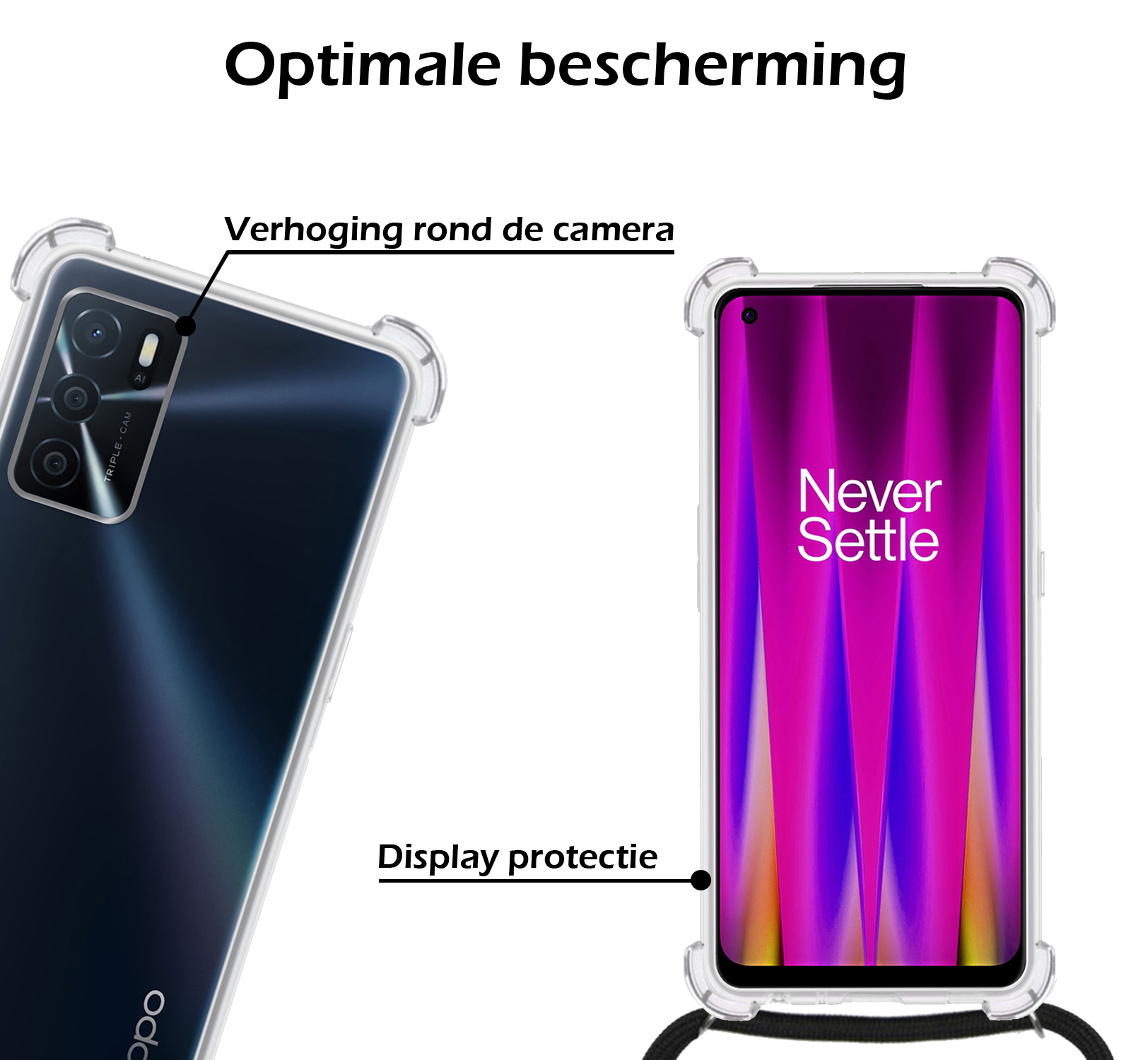 Nomfy Hoesje Geschikt voor OPPO A16 Hoesje Shock Proof Transparant Met Telefoonketting Case Shock Koord - Hoesje Geschikt voor OPPO A16 Shock Proof Case Met Koord - Transparant