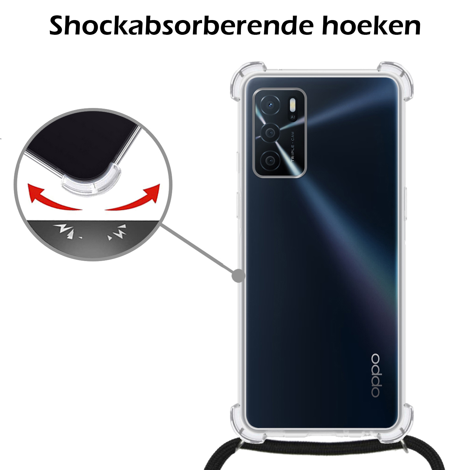 Nomfy Hoesje Geschikt voor OPPO A16 Hoesje Shock Proof Transparant Met Telefoonketting Case Shock Koord - Hoesje Geschikt voor OPPO A16 Shock Proof Case Met Koord - Transparant