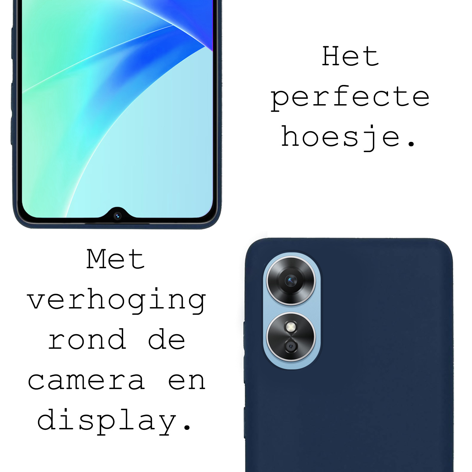 BASEY. Hoes Geschikt voor OPPO A17 Hoesje Siliconen Back Cover Case Met Screenprotector - Hoesje Geschikt voor OPPO A17 Hoes Cover Hoesje - Donkerblauw