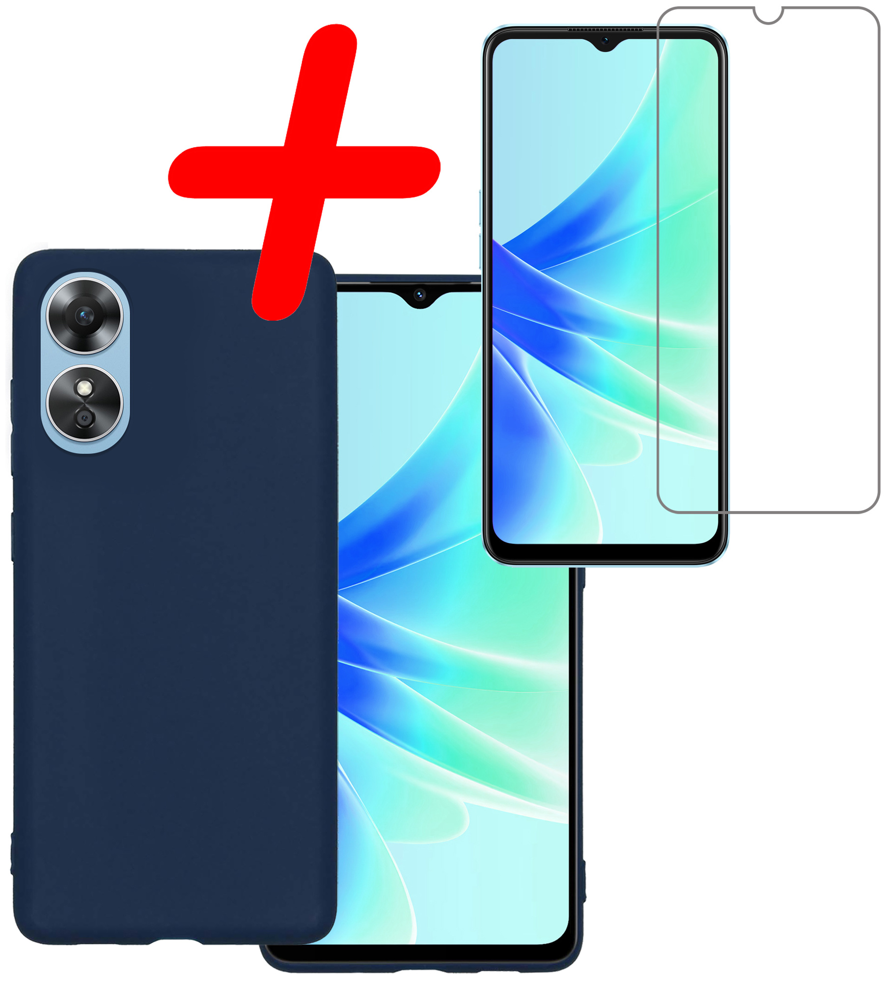 BASEY. Hoes Geschikt voor OPPO A17 Hoesje Siliconen Back Cover Case Met Screenprotector - Hoesje Geschikt voor OPPO A17 Hoes Cover Hoesje - Donkerblauw