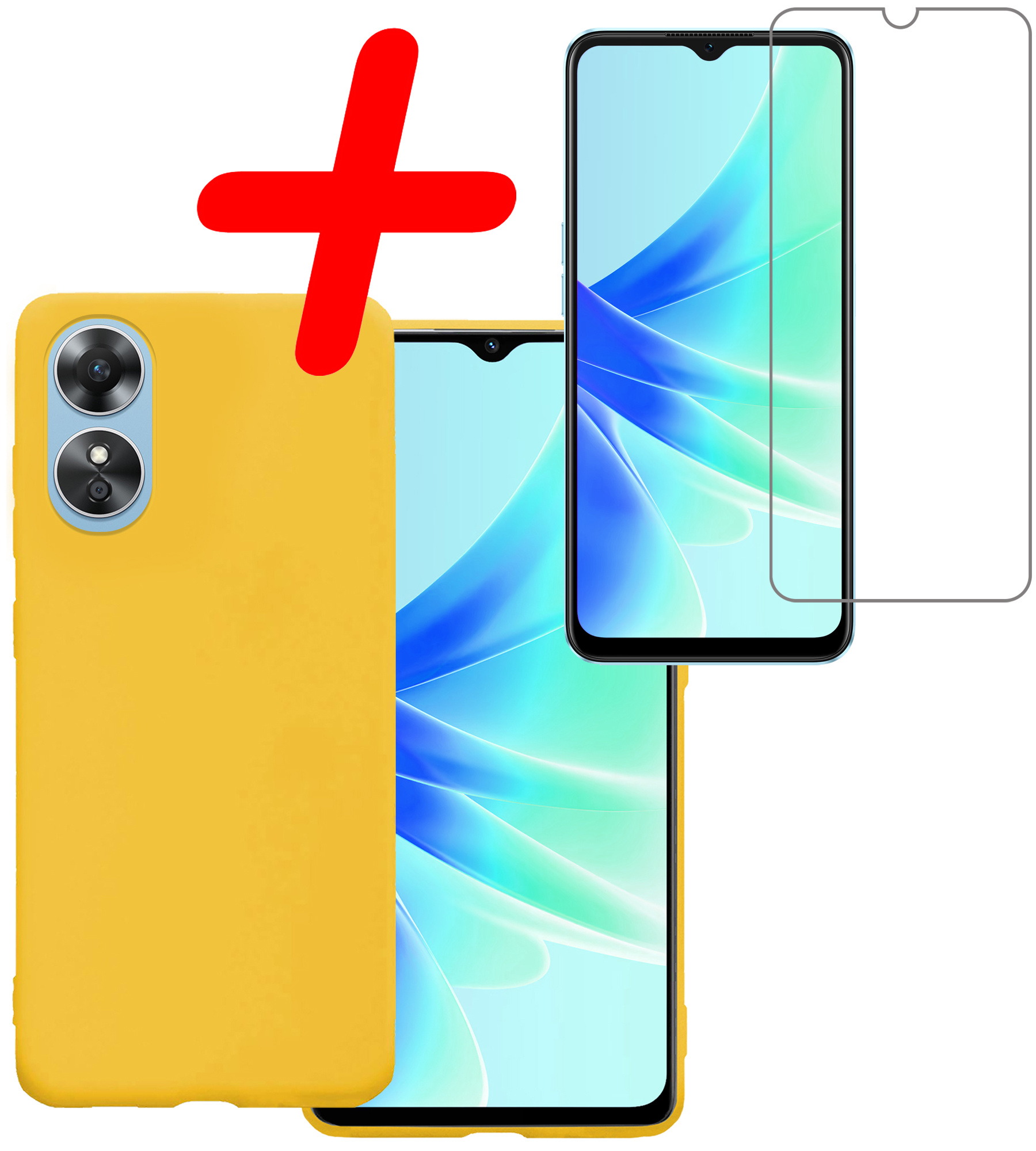 BASEY. Hoes Geschikt voor OPPO A17 Hoesje Siliconen Back Cover Case Met Screenprotector - Hoesje Geschikt voor OPPO A17 Hoes Cover Hoesje - Geel