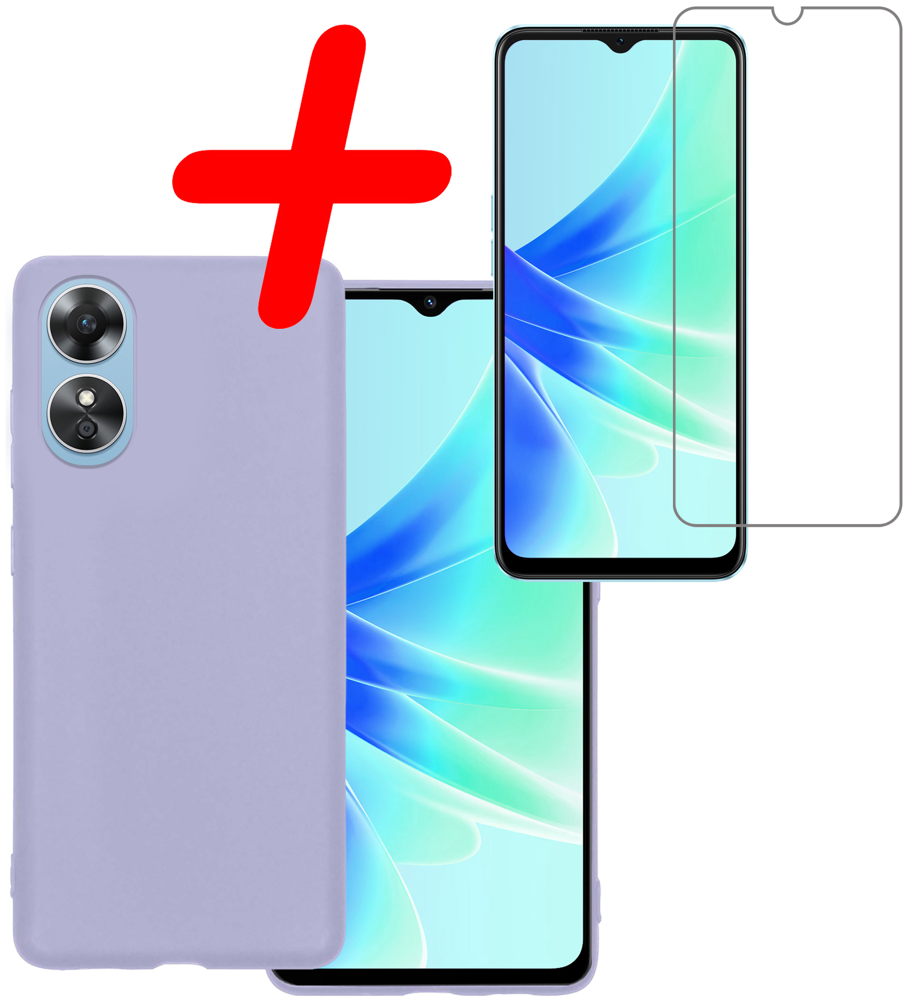 BASEY. Hoes Geschikt voor OPPO A17 Hoesje Siliconen Back Cover Case Met Screenprotector - Hoesje Geschikt voor OPPO A17 Hoes Cover Hoesje - Lila