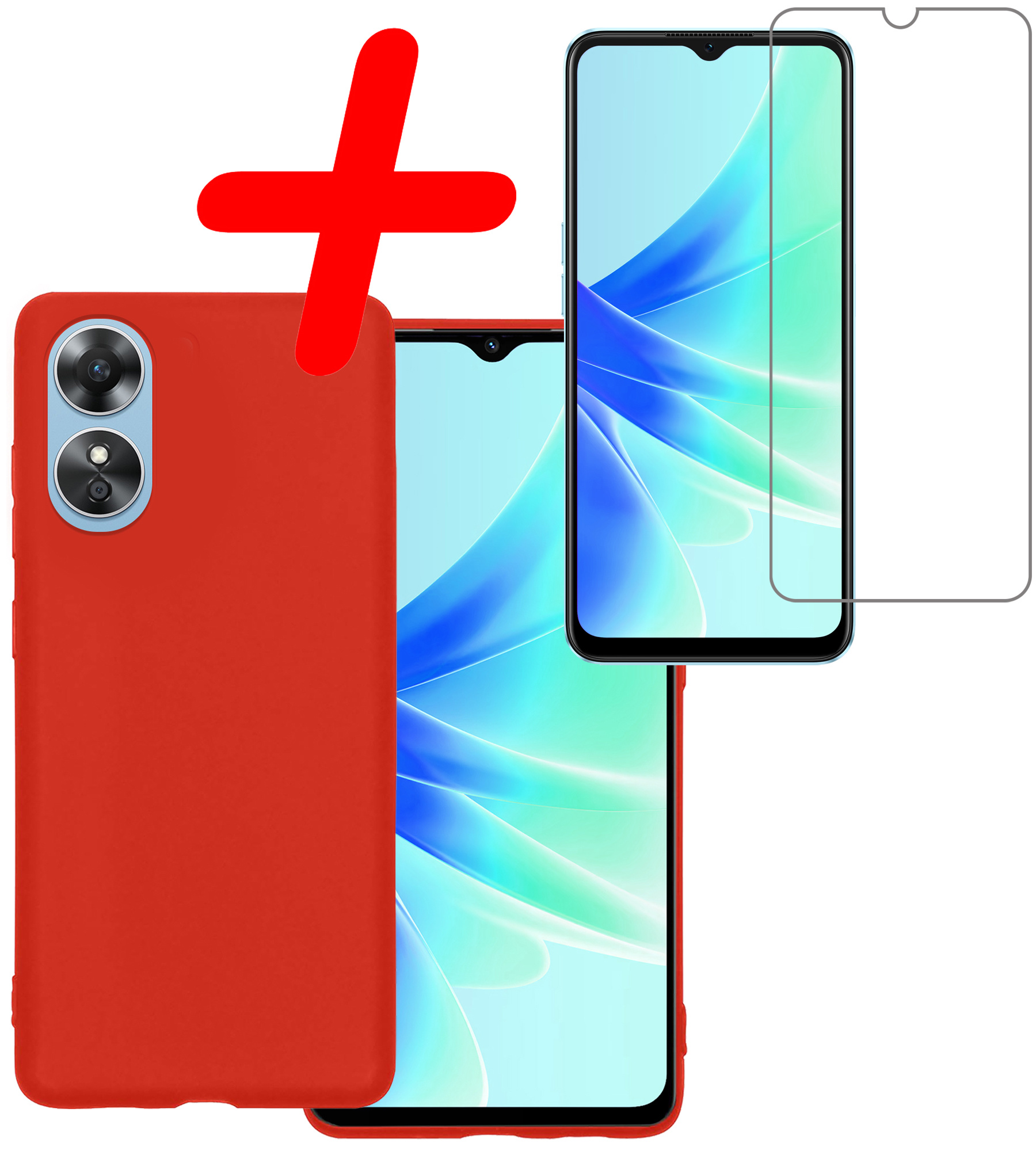 BASEY. Hoes Geschikt voor OPPO A17 Hoesje Siliconen Back Cover Case Met Screenprotector - Hoesje Geschikt voor OPPO A17 Hoes Cover Hoesje - Rood