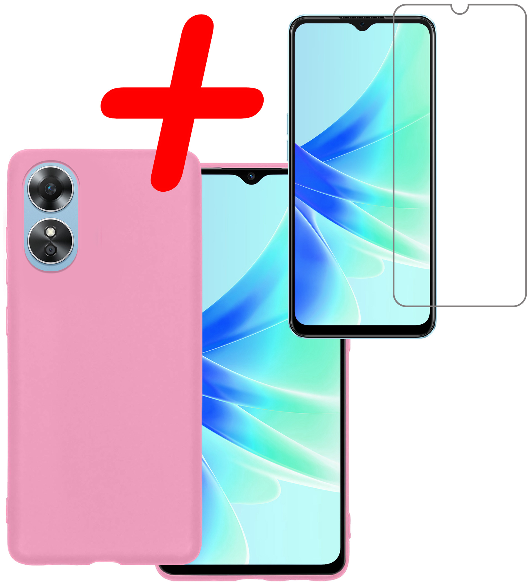 BASEY. Hoes Geschikt voor OPPO A17 Hoesje Siliconen Back Cover Case Met Screenprotector - Hoesje Geschikt voor OPPO A17 Hoes Cover Hoesje - Lichtroze
