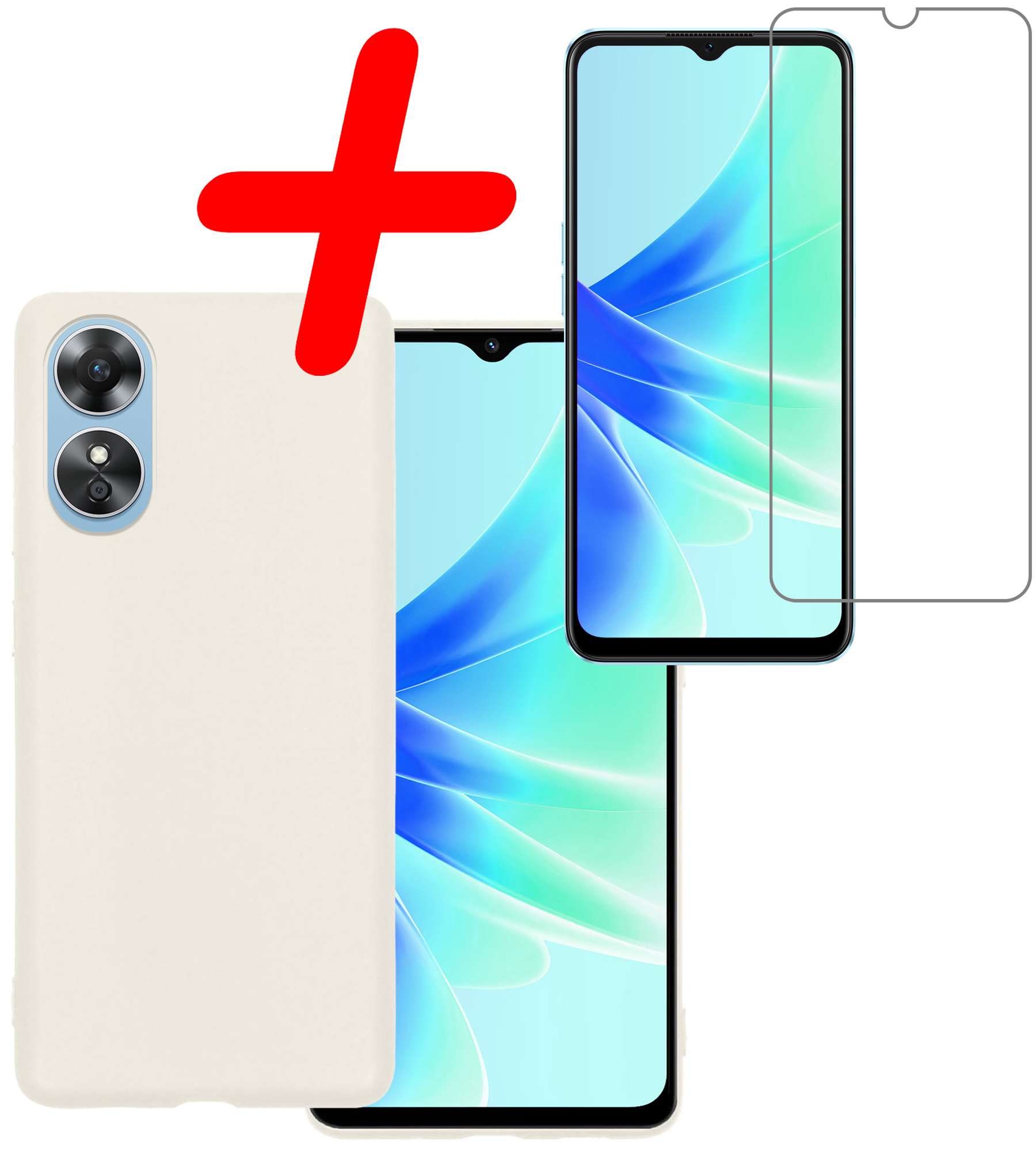 BASEY. Hoes Geschikt voor OPPO A17 Hoesje Siliconen Back Cover Case Met Screenprotector - Hoesje Geschikt voor OPPO A17 Hoes Cover Hoesje - Wit