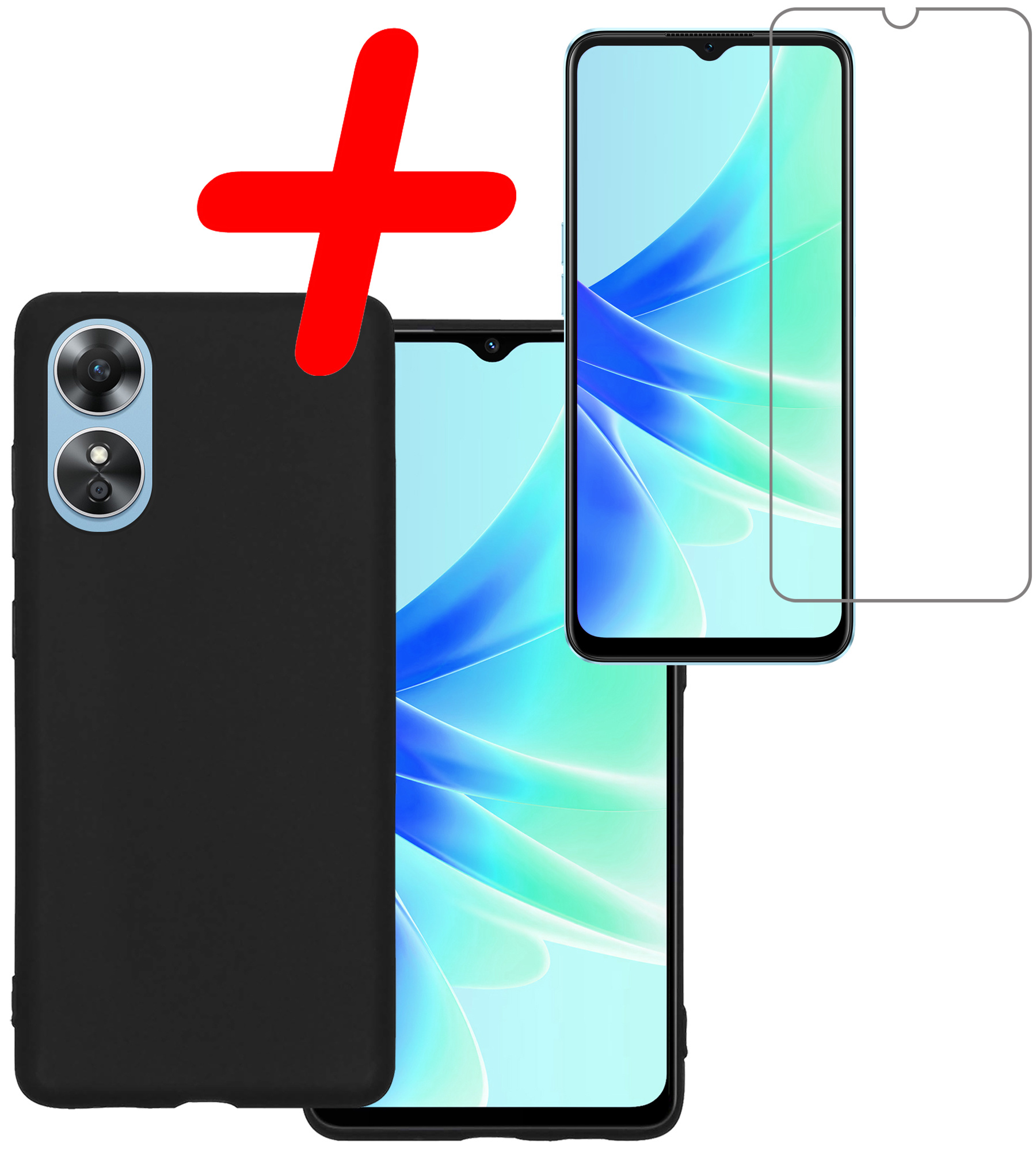 BASEY. Hoes Geschikt voor OPPO A17 Hoesje Siliconen Back Cover Case Met Screenprotector - Hoesje Geschikt voor OPPO A17 Hoes Cover Hoesje - Zwart