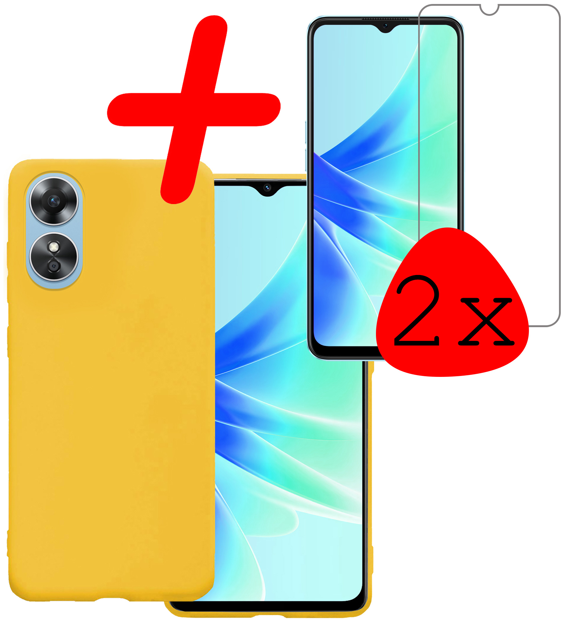 BASEY. Hoes Geschikt voor OPPO A17 Hoesje Siliconen Back Cover Case Met 2x Screenprotector - Hoesje Geschikt voor OPPO A17 Hoes Cover Hoesje - Geel