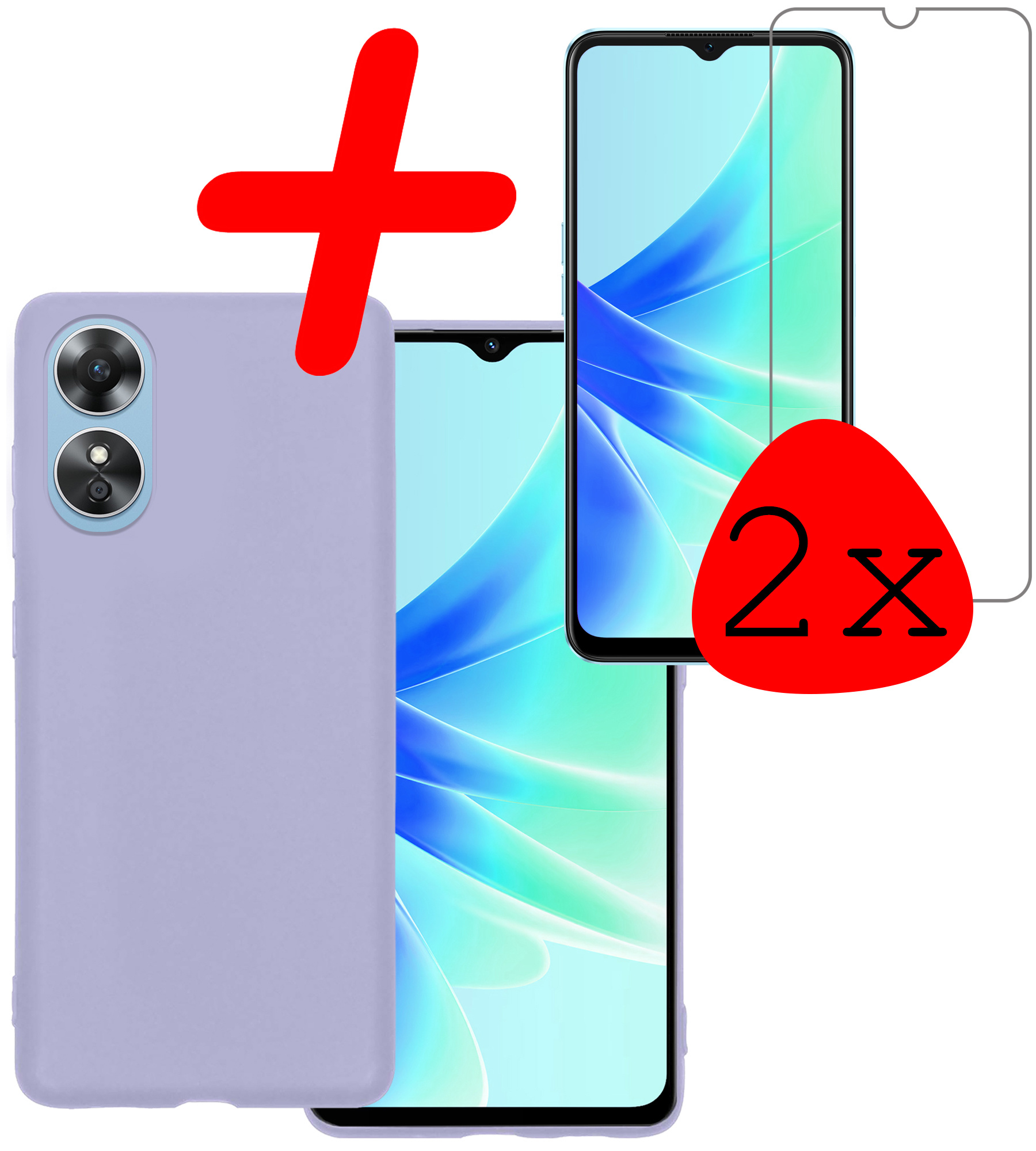 BASEY. Hoes Geschikt voor OPPO A17 Hoesje Siliconen Back Cover Case Met 2x Screenprotector - Hoesje Geschikt voor OPPO A17 Hoes Cover Hoesje - Lila