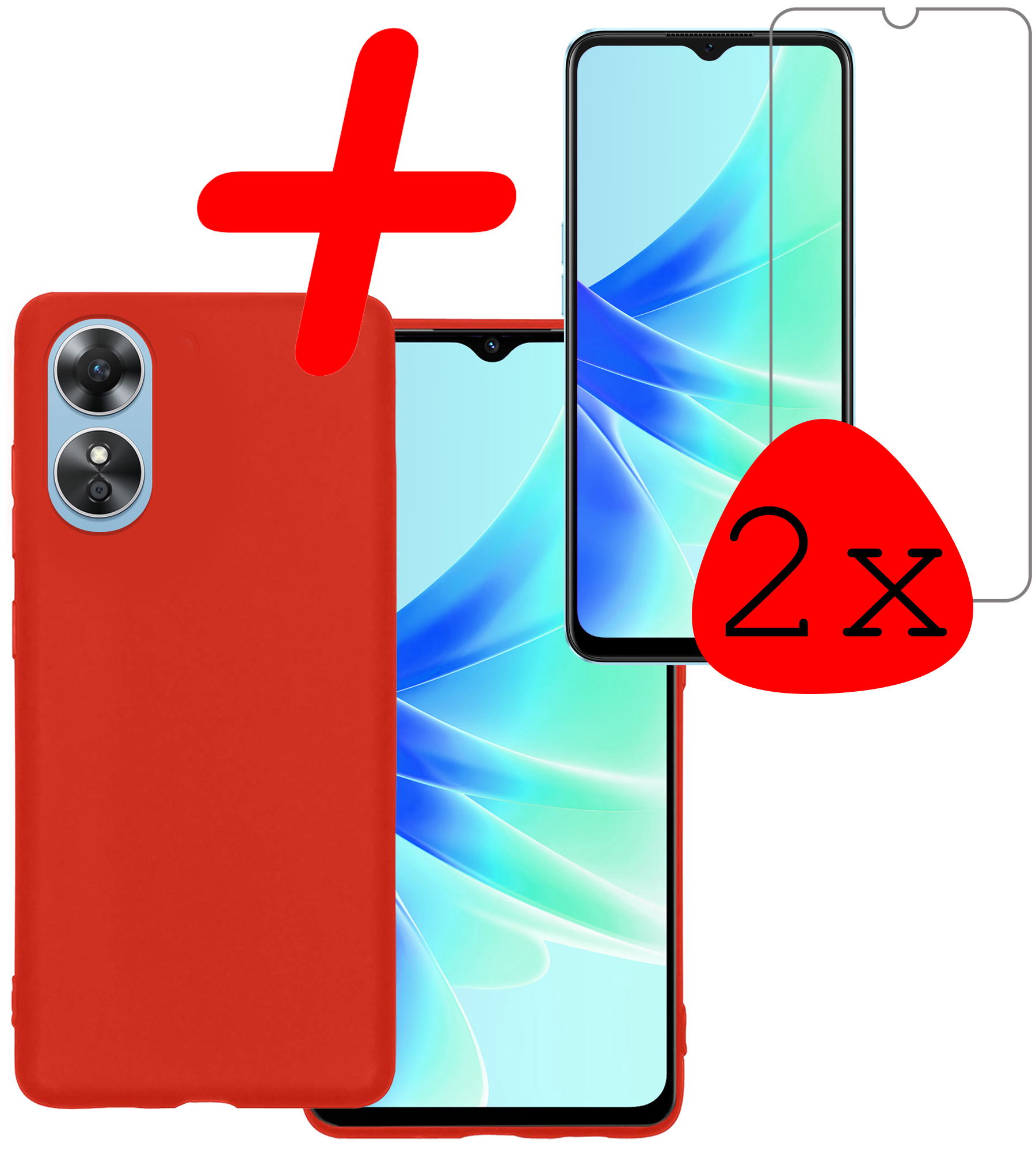 BASEY. Hoes Geschikt voor OPPO A17 Hoesje Siliconen Back Cover Case Met 2x Screenprotector - Hoesje Geschikt voor OPPO A17 Hoes Cover Hoesje - Rood