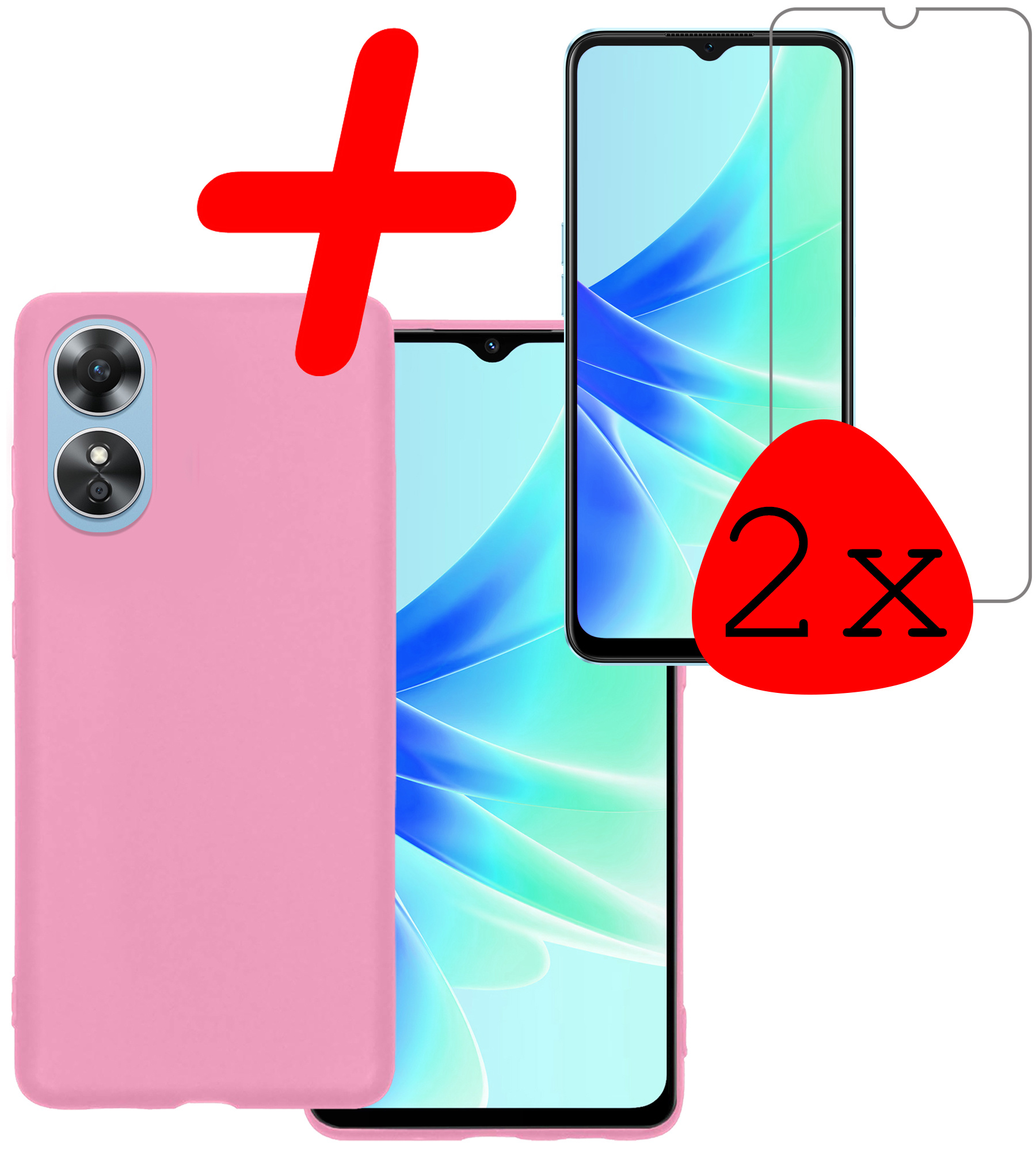 BASEY. Hoes Geschikt voor OPPO A17 Hoesje Siliconen Back Cover Case Met 2x Screenprotector - Hoesje Geschikt voor OPPO A17 Hoes Cover Hoesje - Lichtroze