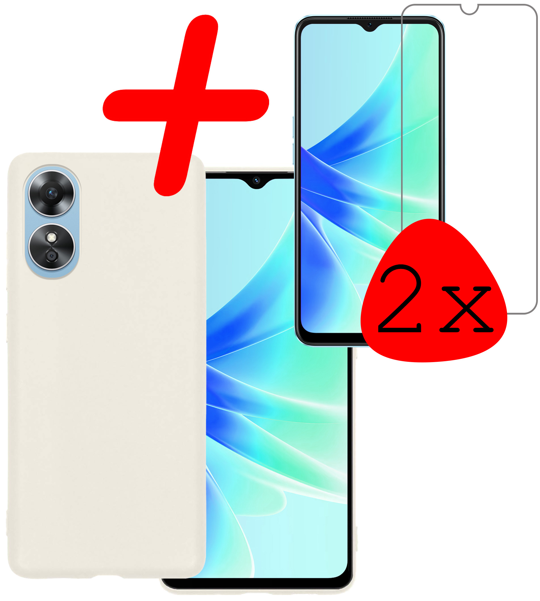 BASEY. Hoes Geschikt voor OPPO A17 Hoesje Siliconen Back Cover Case Met 2x Screenprotector - Hoesje Geschikt voor OPPO A17 Hoes Cover Hoesje - Wit