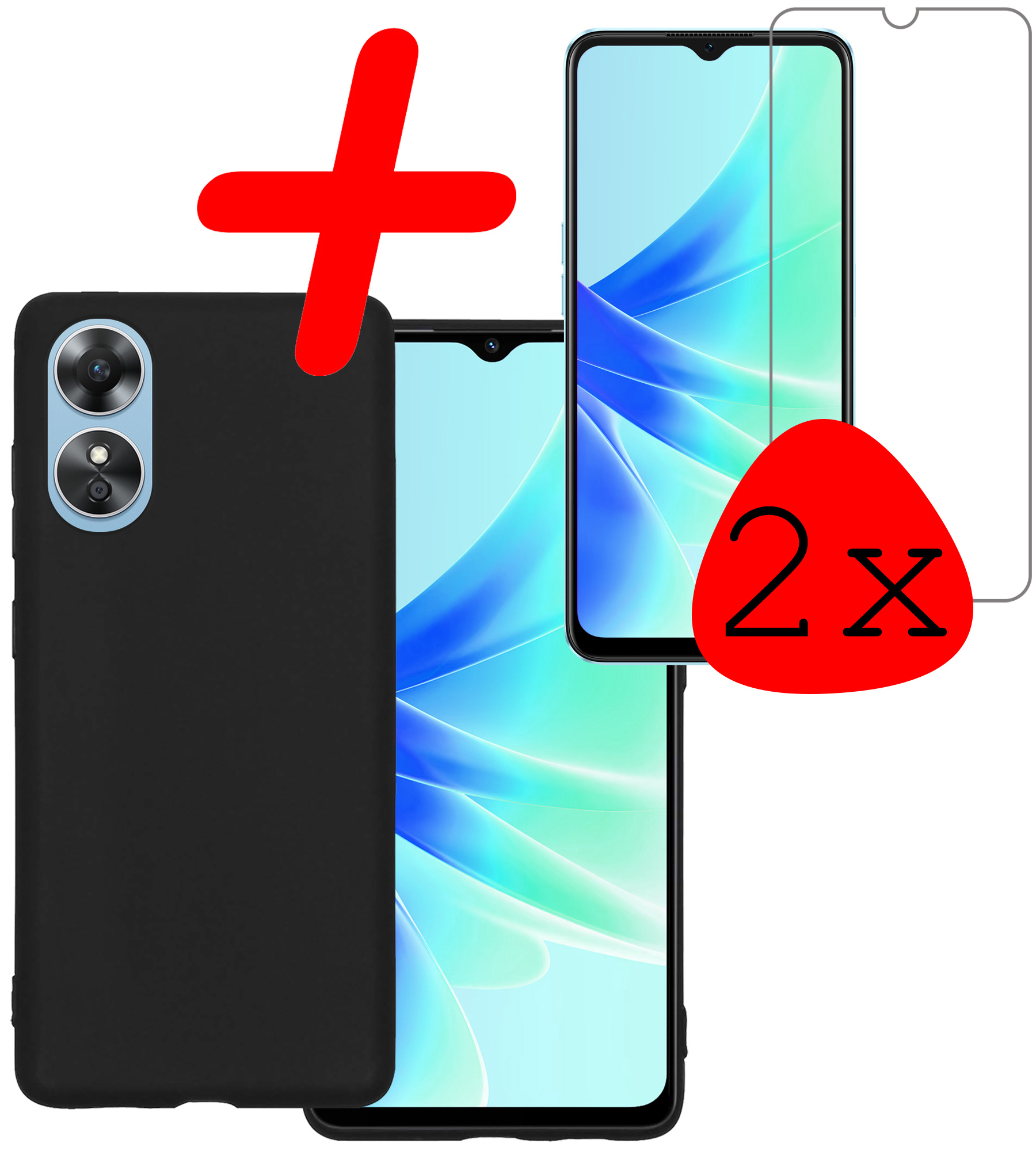 BASEY. Hoes Geschikt voor OPPO A17 Hoesje Siliconen Back Cover Case Met 2x Screenprotector - Hoesje Geschikt voor OPPO A17 Hoes Cover Hoesje - Zwart