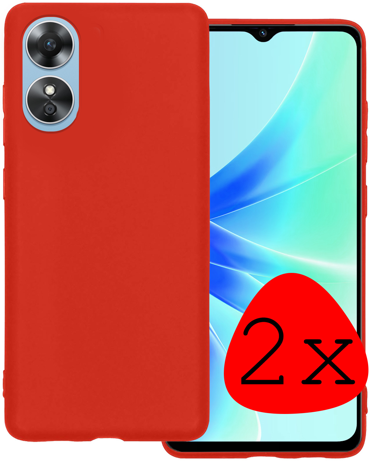 BASEY. Hoes Geschikt voor OPPO A17 Hoesje Siliconen Back Cover Case Met 2x Screenprotector - Hoesje Geschikt voor OPPO A17 Hoes Cover Hoesje - Rood