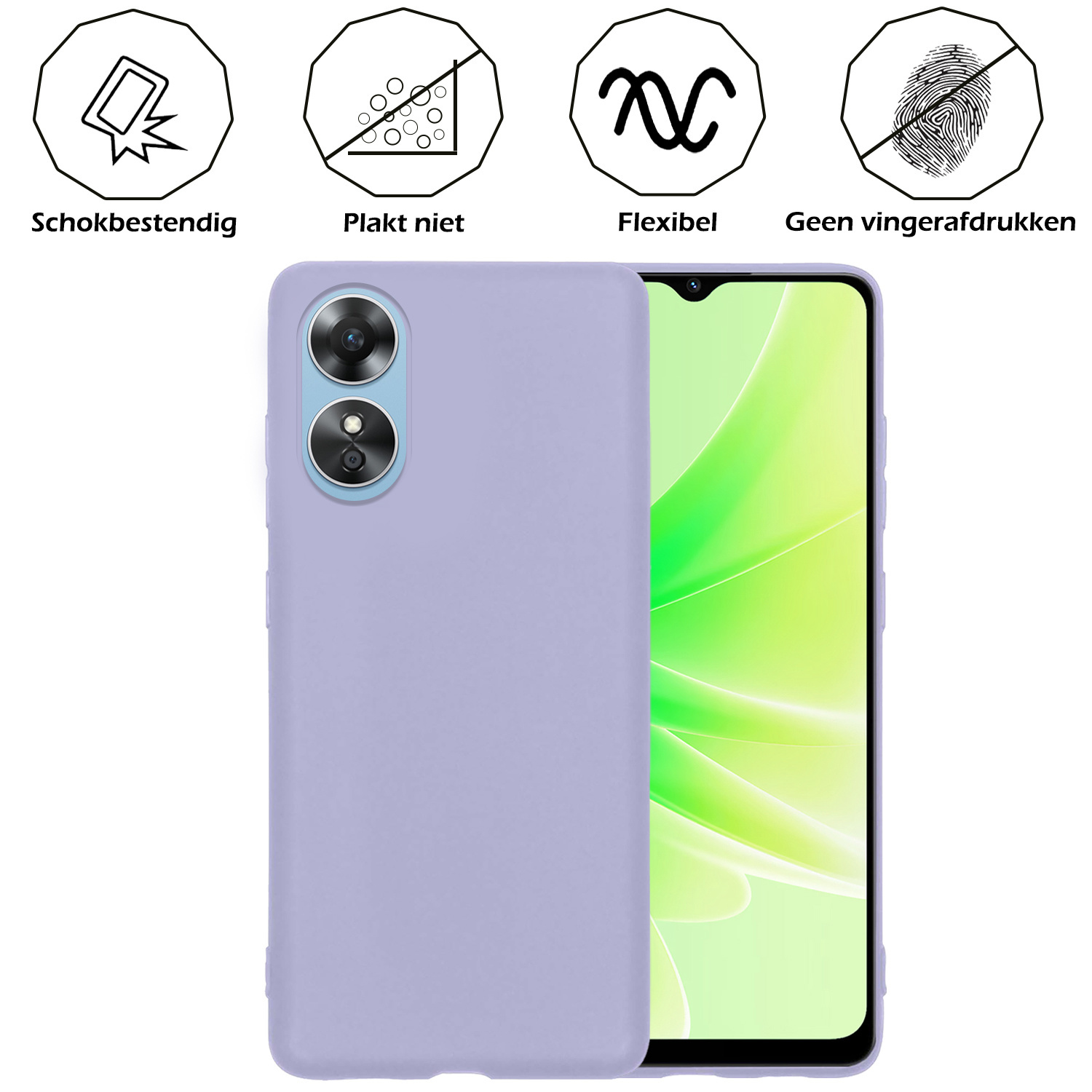 Nomfy Hoesje Geschikt voor OPPO A17 Hoesje Siliconen Cover Case Met Screenprotector - Hoes Geschikt voor OPPO A17 Hoes Back Case - Lila