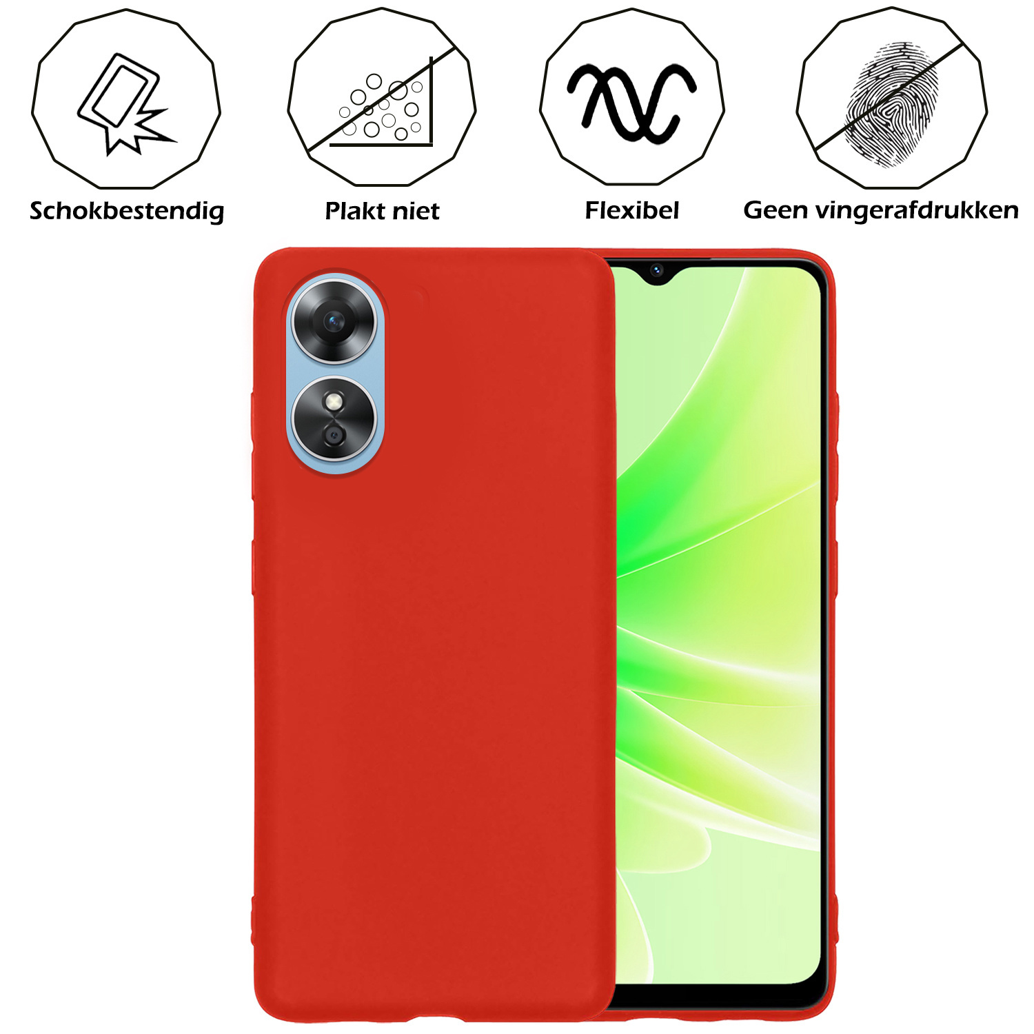 Nomfy OPPO A17 Hoesje Siliconen Case Back Cover Met Screenprotector - OPPO A17 Hoes Cover Silicone - Rood