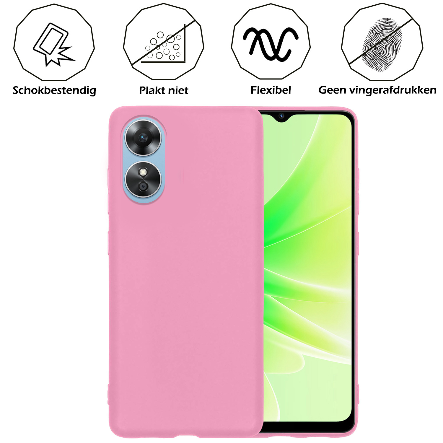 Nomfy Hoesje Geschikt voor OPPO A17 Hoesje Siliconen Cover Case Met Screenprotector - Hoes Geschikt voor OPPO A17 Hoes Back Case - Lichtroze