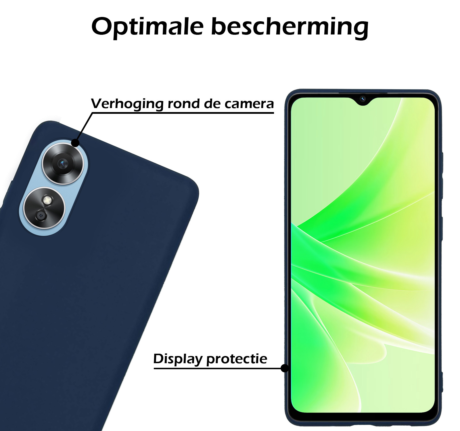 Nomfy Hoesje Geschikt voor OPPO A17 Hoesje Siliconen Cover Case Met 2x Screenprotector - Hoes Geschikt voor OPPO A17 Hoes Back Case - Donkerblauw