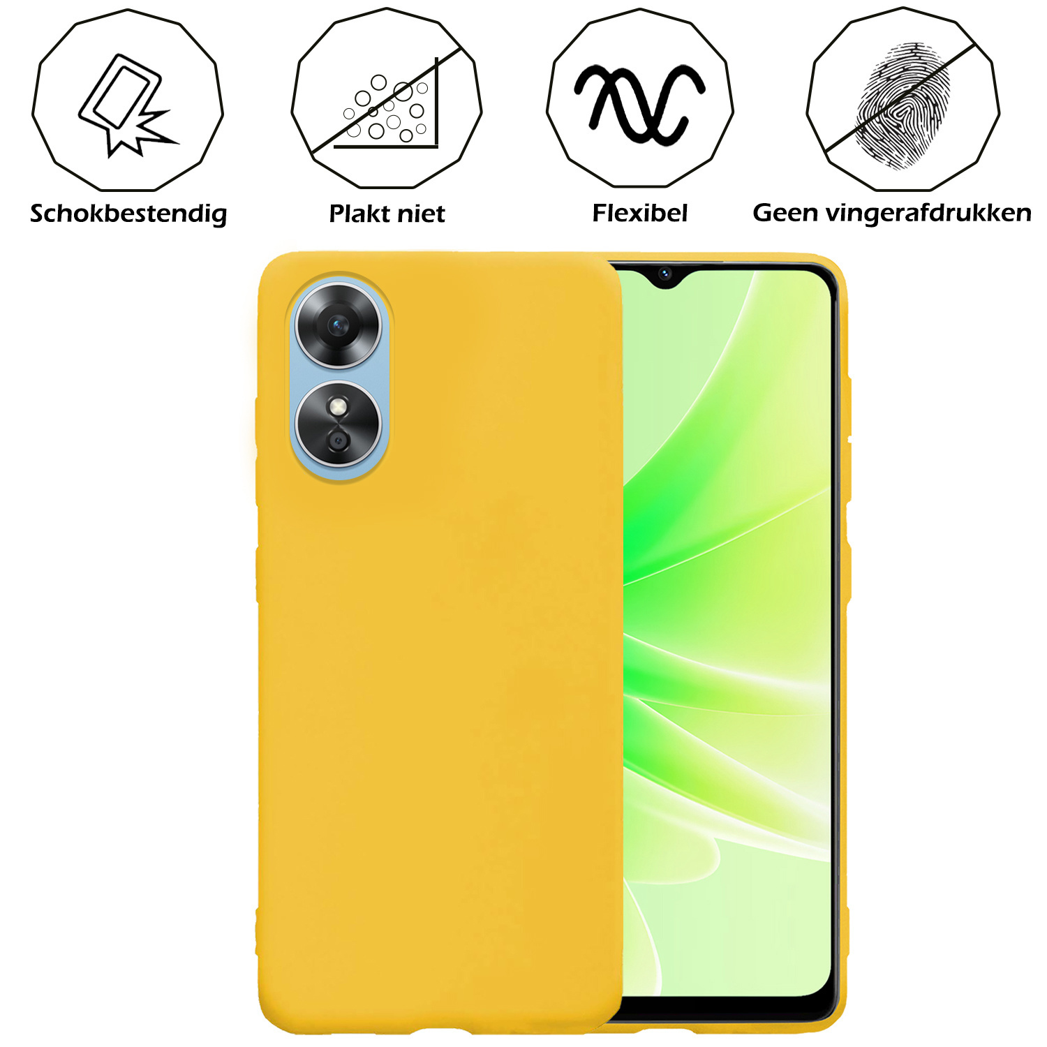 Nomfy Hoesje Geschikt voor OPPO A17 Hoesje Siliconen Cover Case Met 2x Screenprotector - Hoes Geschikt voor OPPO A17 Hoes Back Case - Geel