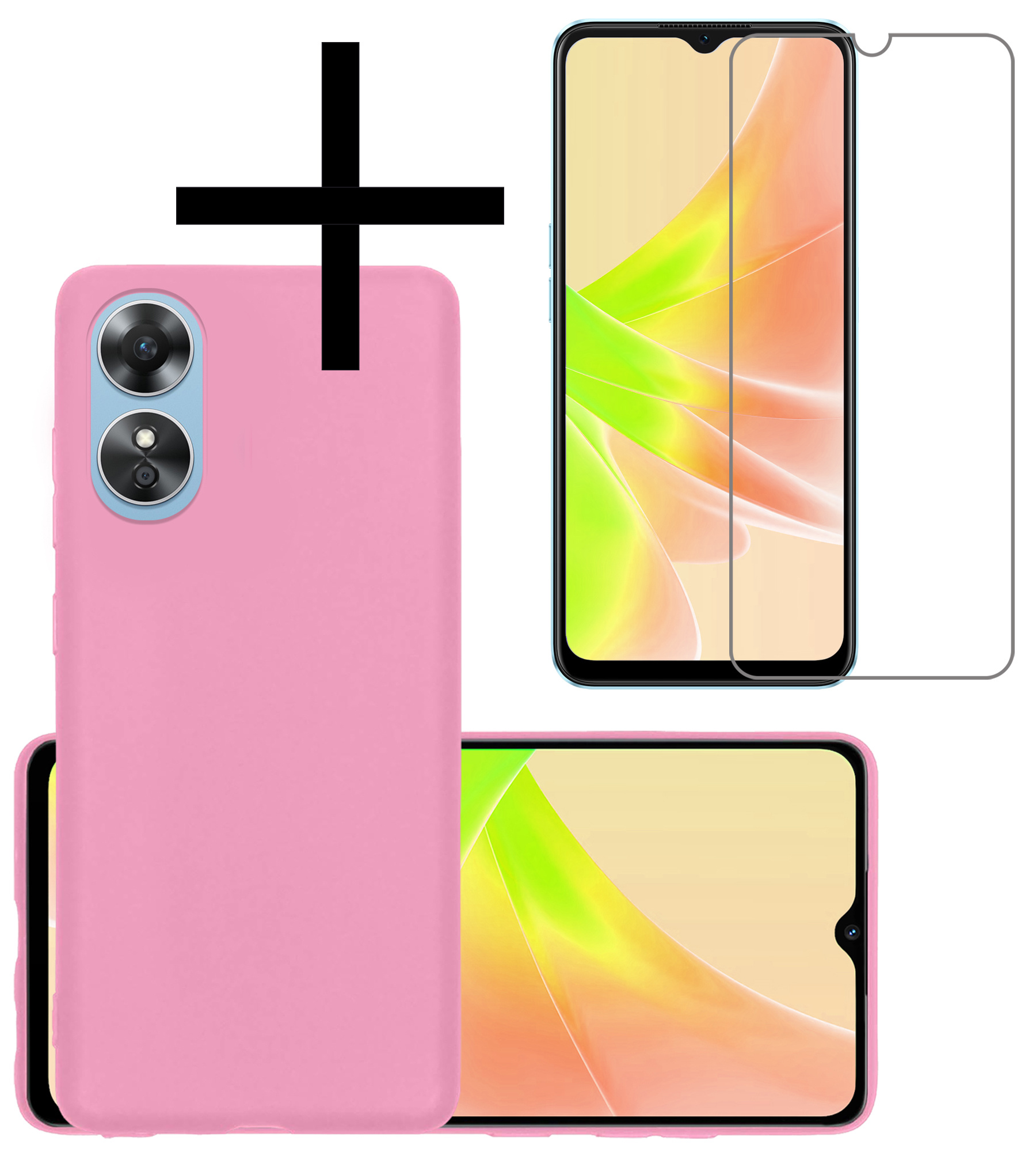 NoXx Hoes Geschikt voor OPPO A17 Hoesje Cover Siliconen Back Case Hoes Met Screenprotector - Lichtroze