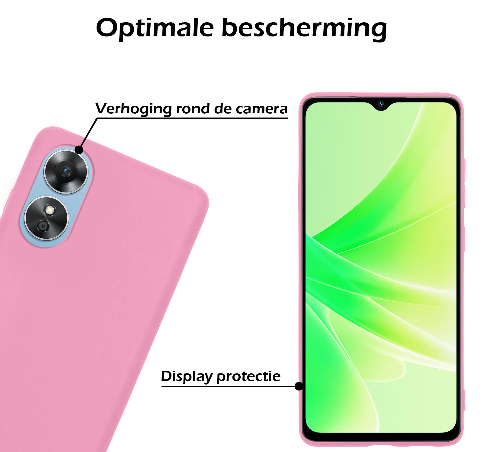 Nomfy Hoesje Geschikt voor OPPO A17 Hoesje Siliconen Cover Case Met 2x Screenprotector - Hoes Geschikt voor OPPO A17 Hoes Back Case - Lichtroze