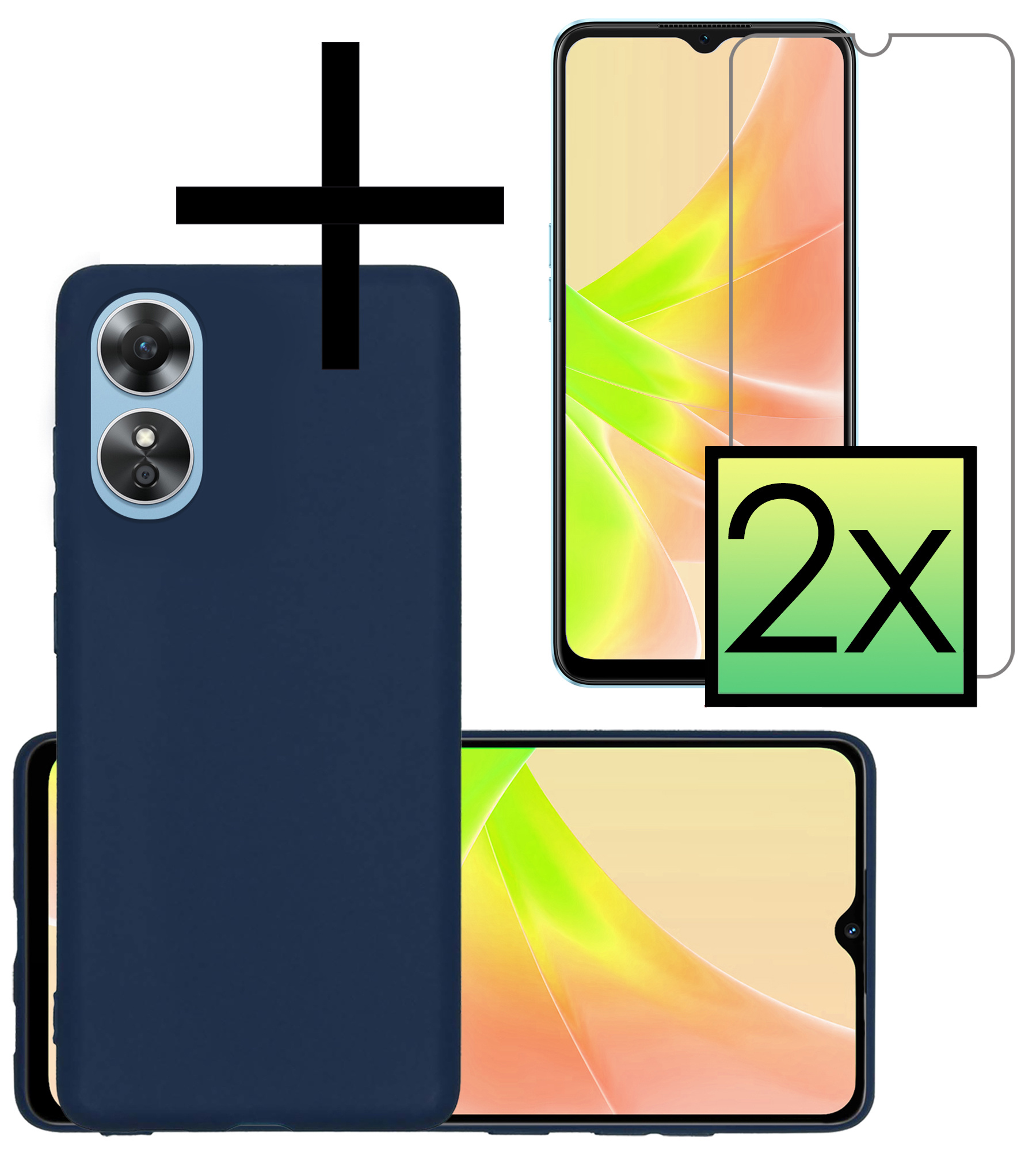 NoXx Hoes Geschikt voor OPPO A17 Hoesje Cover Siliconen Back Case Hoes Met 2x Screenprotector - Donkerblauw