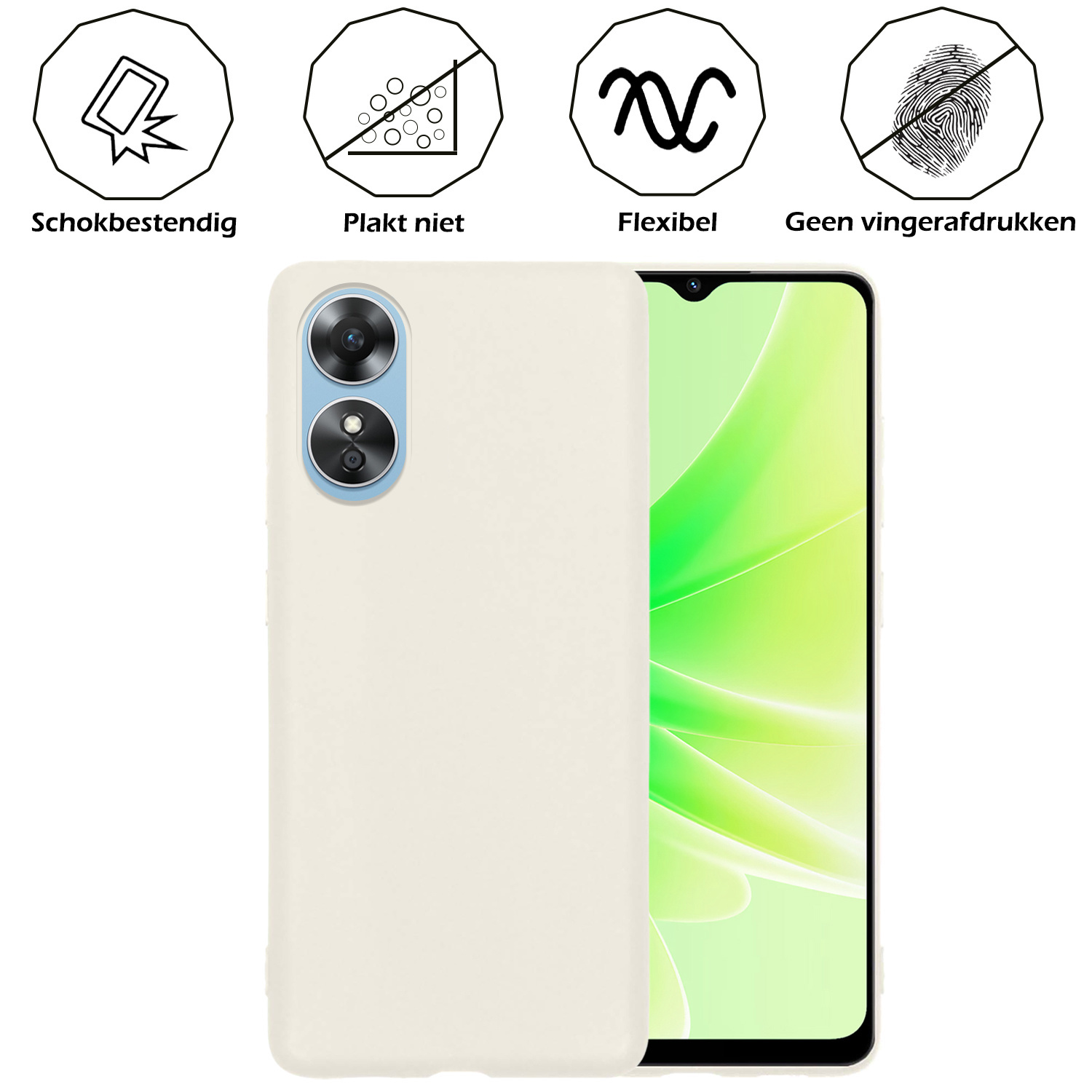 Nomfy OPPO A17 Hoesje Siliconen Case Back Cover Met 2x Screenprotector - OPPO A17 Hoes Cover Silicone - Wit