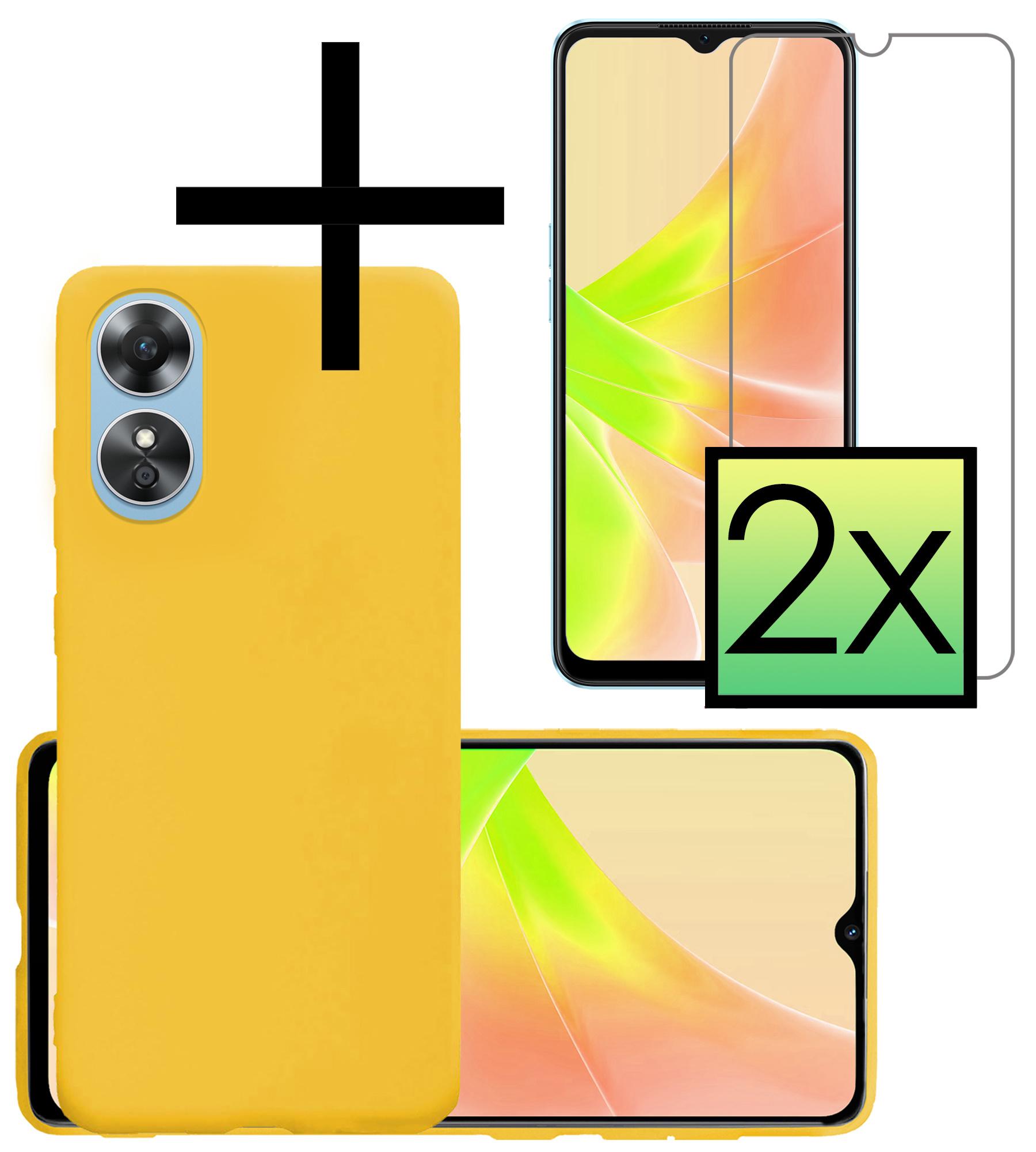 NoXx Hoes Geschikt voor OPPO A17 Hoesje Cover Siliconen Back Case Hoes Met 2x Screenprotector - Geel