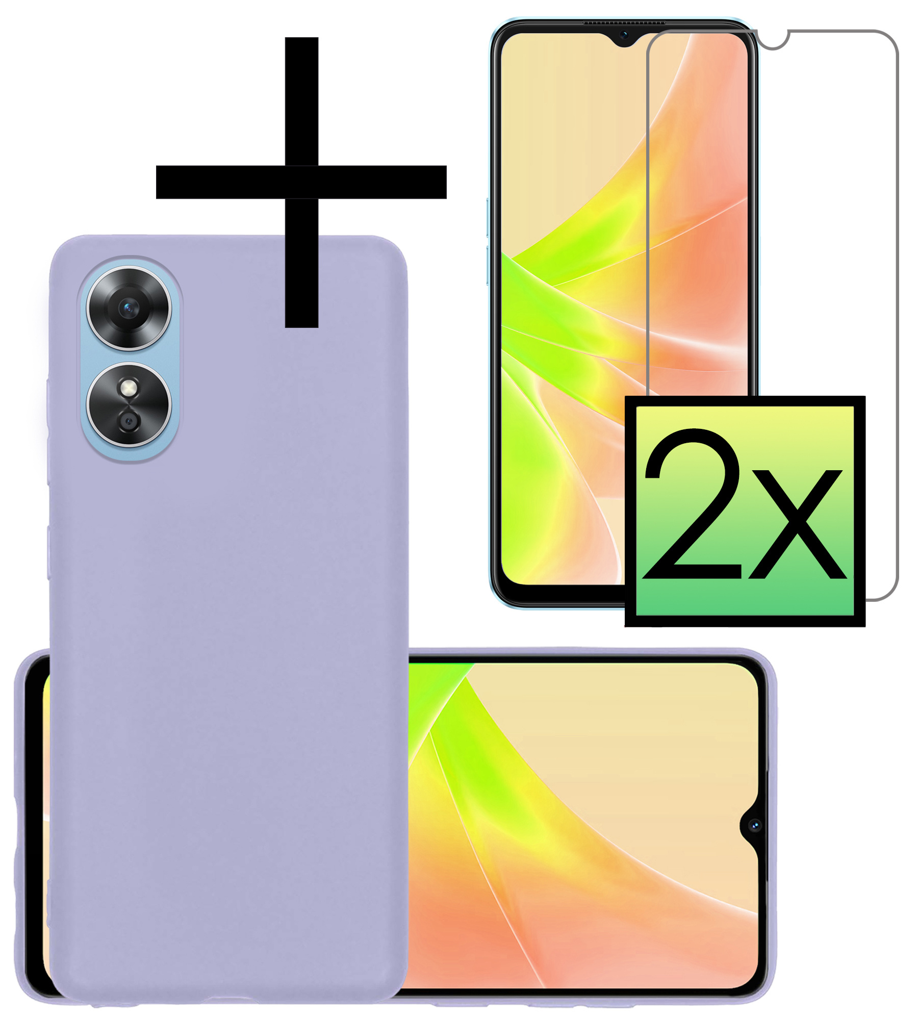 NoXx Hoes Geschikt voor OPPO A17 Hoesje Cover Siliconen Back Case Hoes Met 2x Screenprotector - Lila