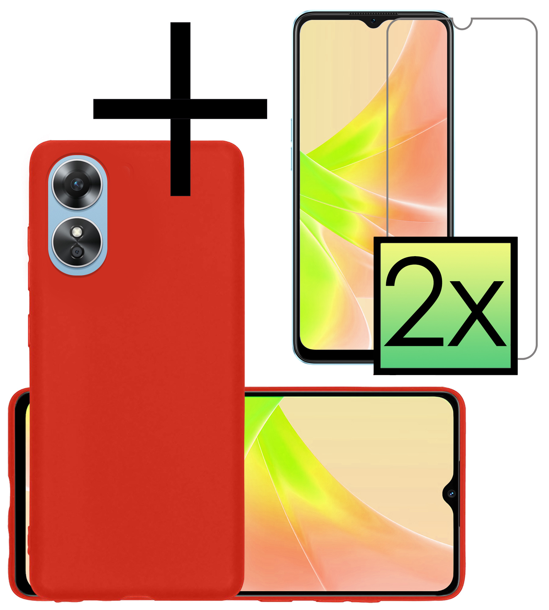 NoXx Hoes Geschikt voor OPPO A17 Hoesje Cover Siliconen Back Case Hoes Met 2x Screenprotector - Rood