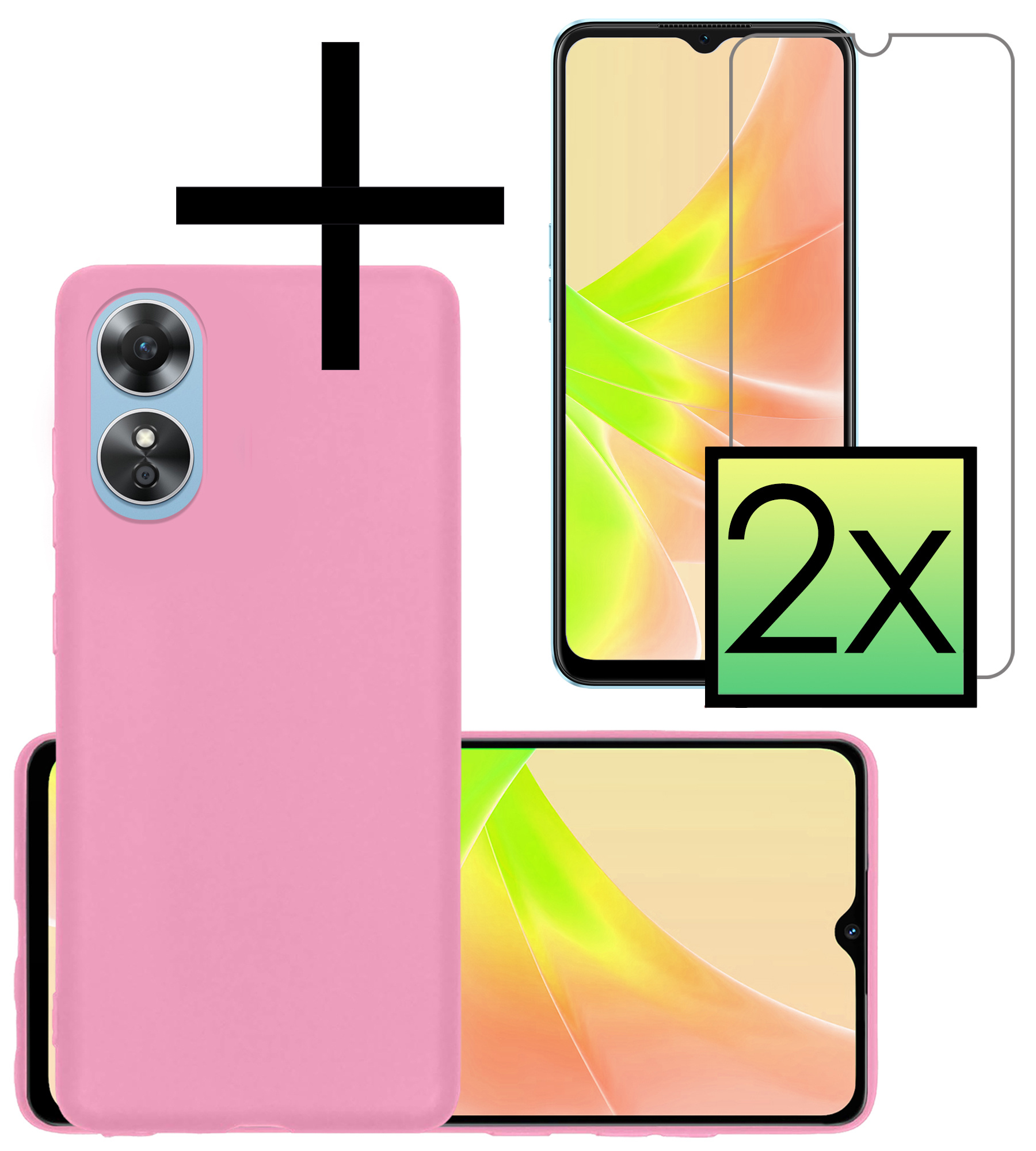 NoXx Hoes Geschikt voor OPPO A17 Hoesje Cover Siliconen Back Case Hoes Met 2x Screenprotector - Lichtroze