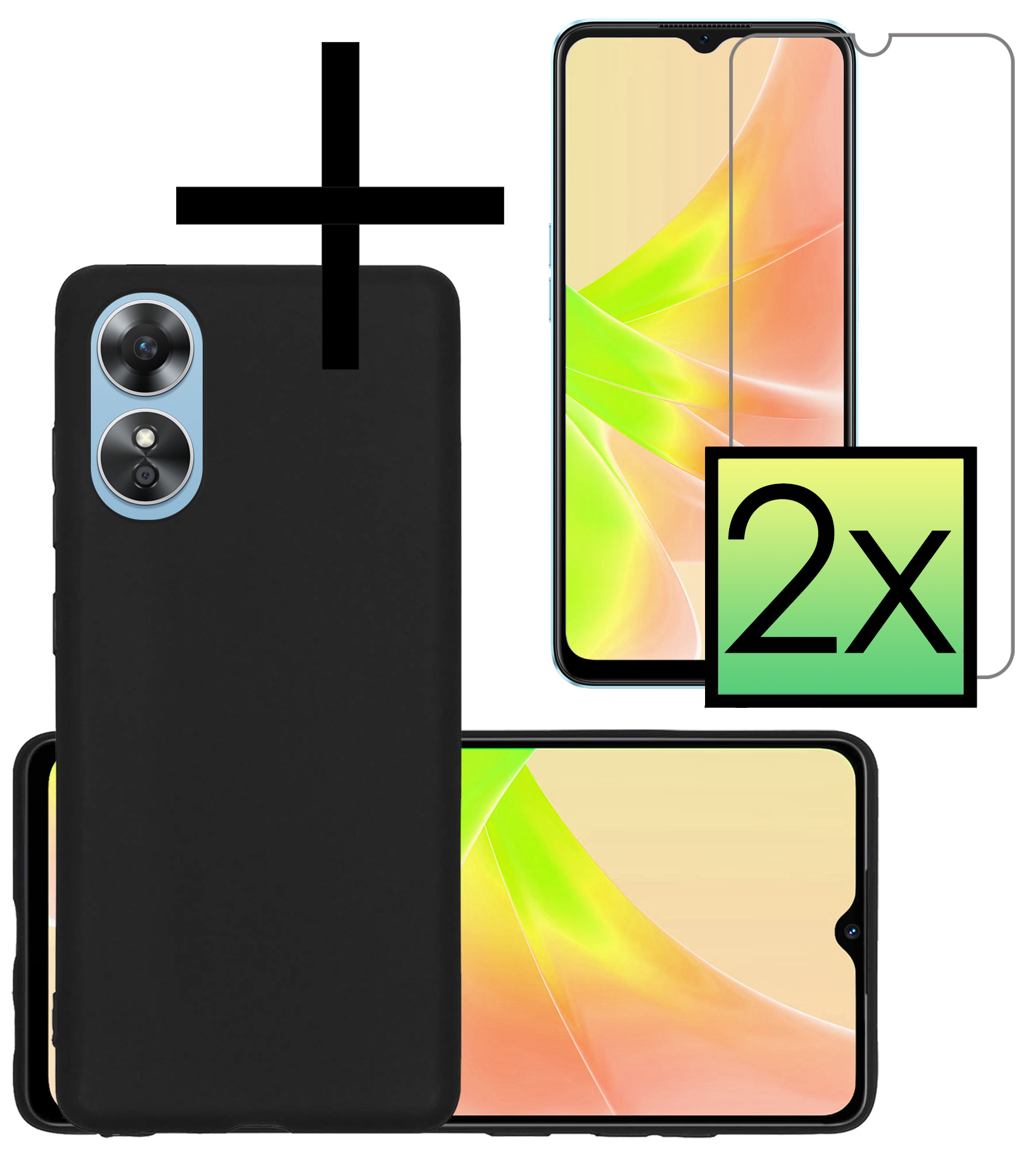 NoXx Hoes Geschikt voor OPPO A17 Hoesje Cover Siliconen Back Case Hoes Met 2x Screenprotector - Zwart