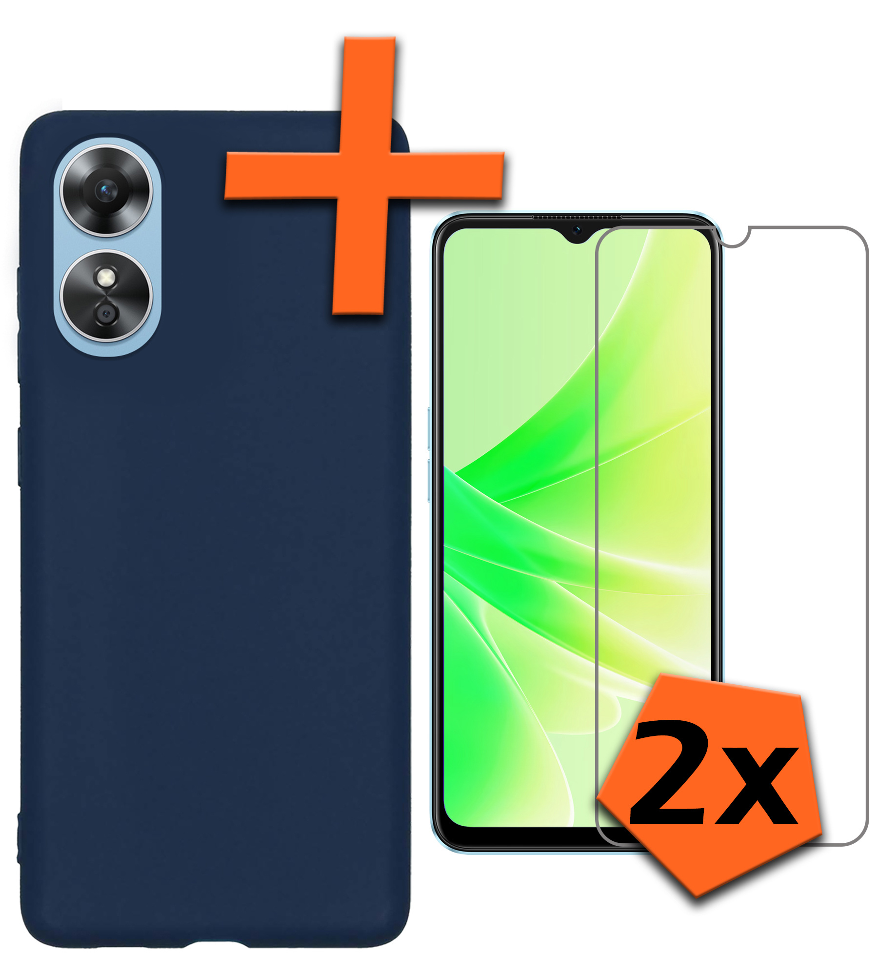 Nomfy Hoesje Geschikt voor OPPO A17 Hoesje Siliconen Cover Case Met 2x Screenprotector - Hoes Geschikt voor OPPO A17 Hoes Back Case - Donkerblauw