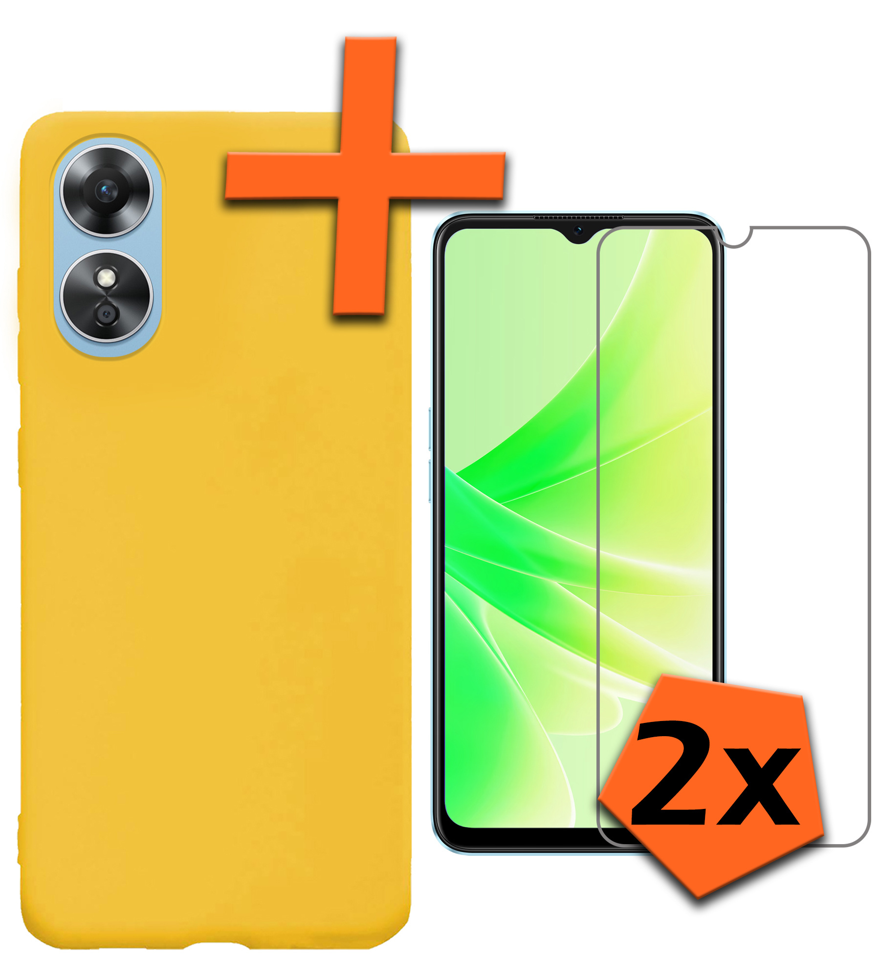 Nomfy Hoesje Geschikt voor OPPO A17 Hoesje Siliconen Cover Case Met 2x Screenprotector - Hoes Geschikt voor OPPO A17 Hoes Back Case - Geel