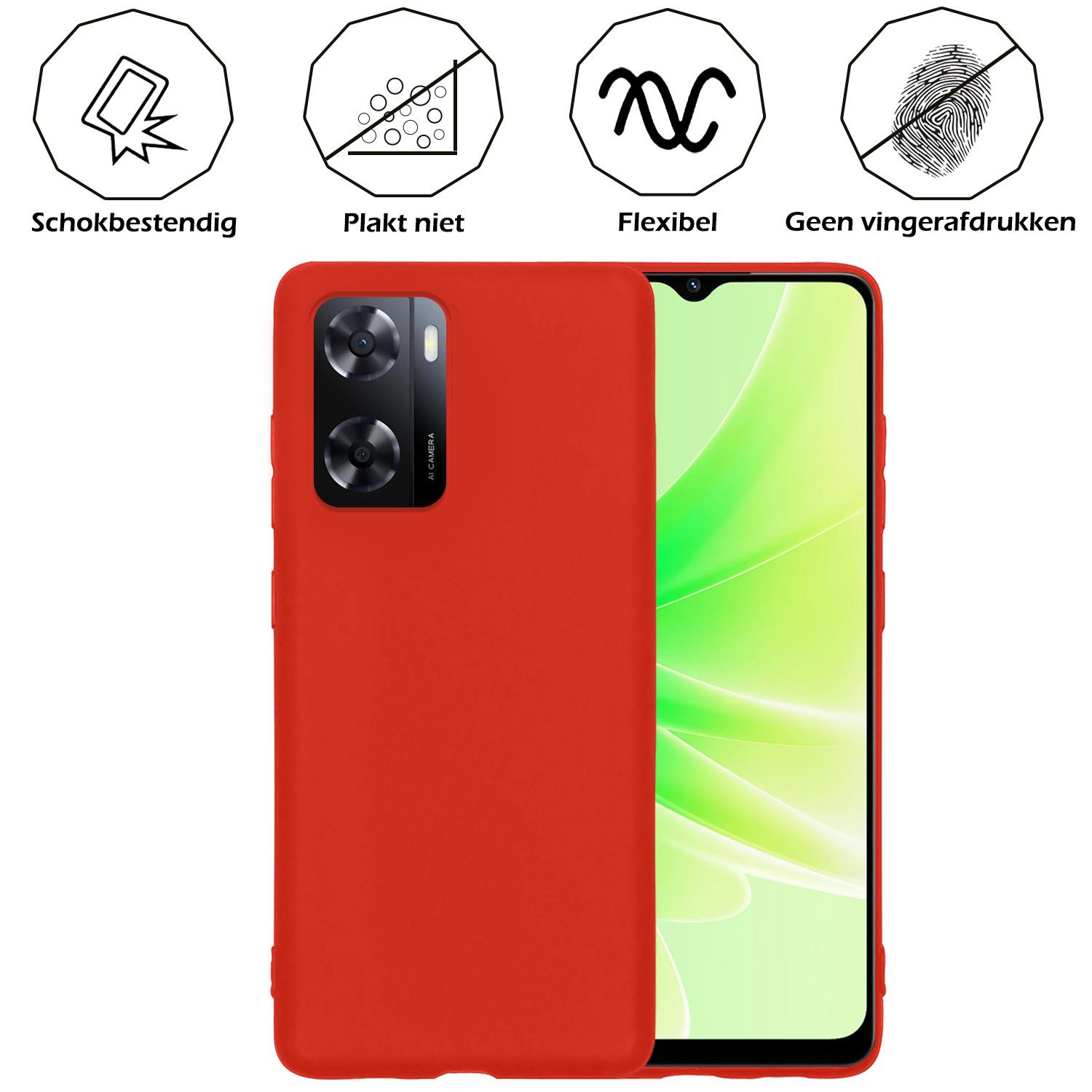 Nomfy Hoesje Geschikt voor OPPO A57 Hoesje Siliconen Cover Case Met Screenprotector - Hoes Geschikt voor OPPO A57 Hoes Back Case - Rood
