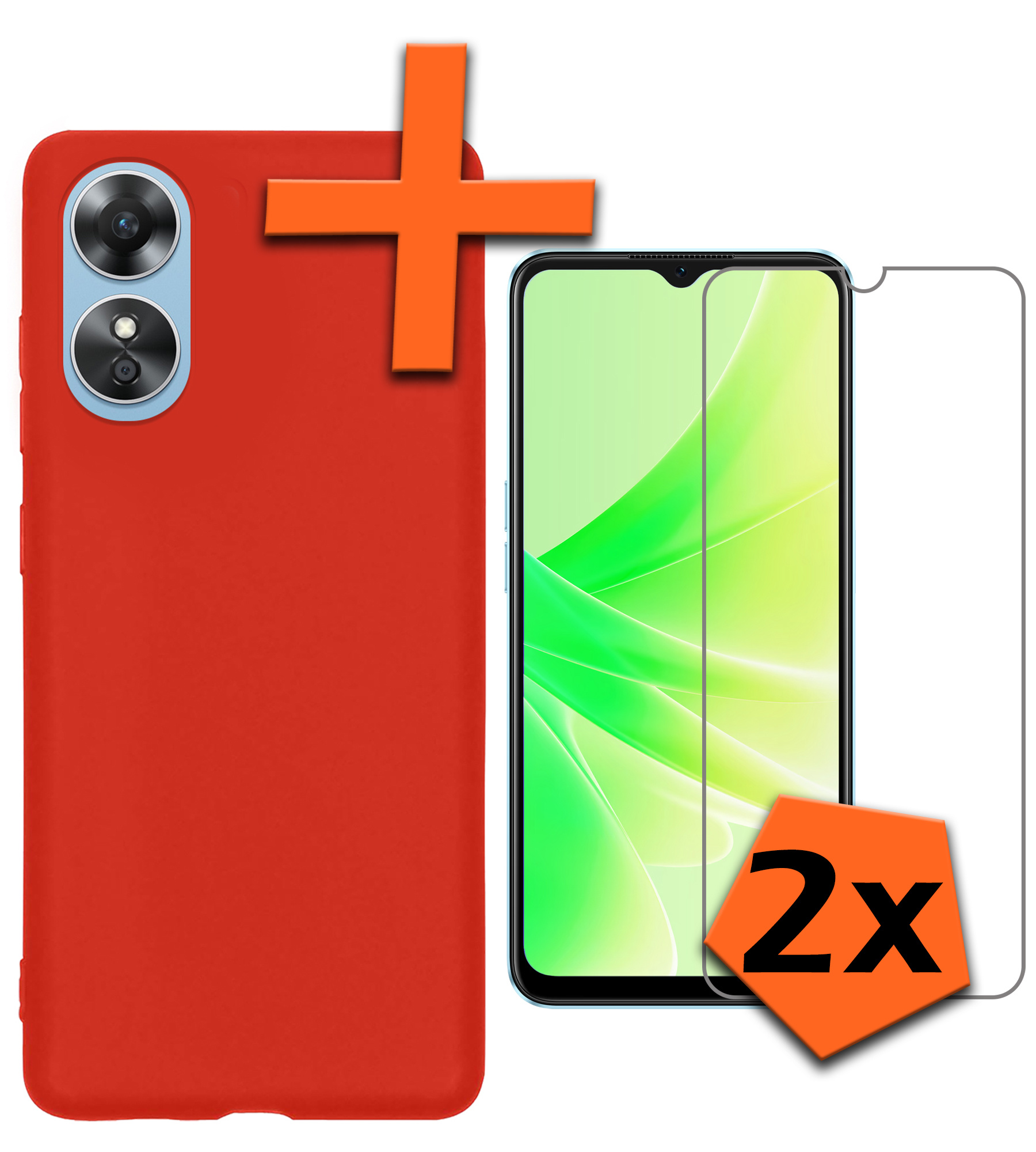 Nomfy Hoesje Geschikt voor OPPO A17 Hoesje Siliconen Cover Case Met 2x Screenprotector - Hoes Geschikt voor OPPO A17 Hoes Back Case - Rood