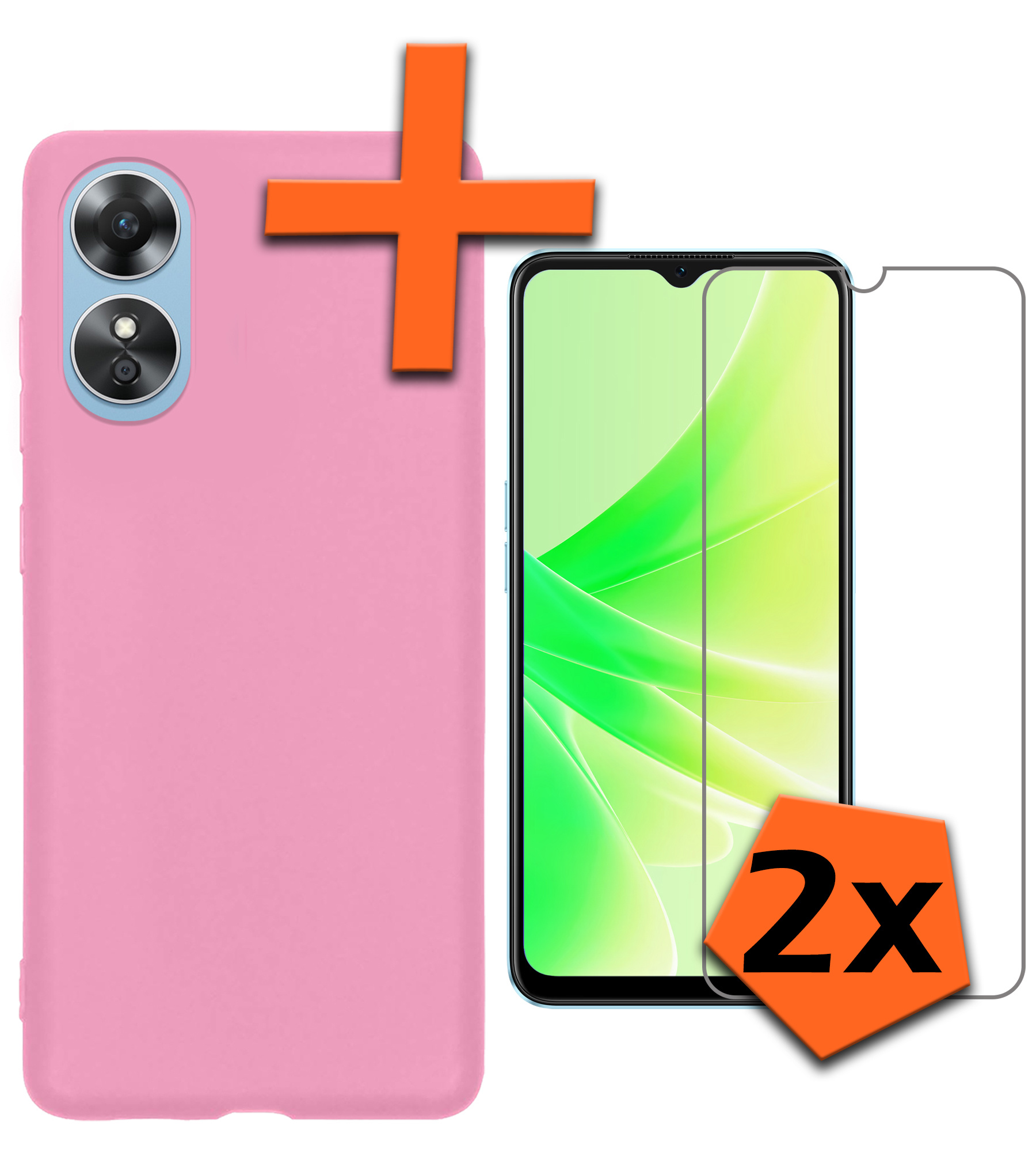 Nomfy Hoesje Geschikt voor OPPO A17 Hoesje Siliconen Cover Case Met 2x Screenprotector - Hoes Geschikt voor OPPO A17 Hoes Back Case - Lichtroze
