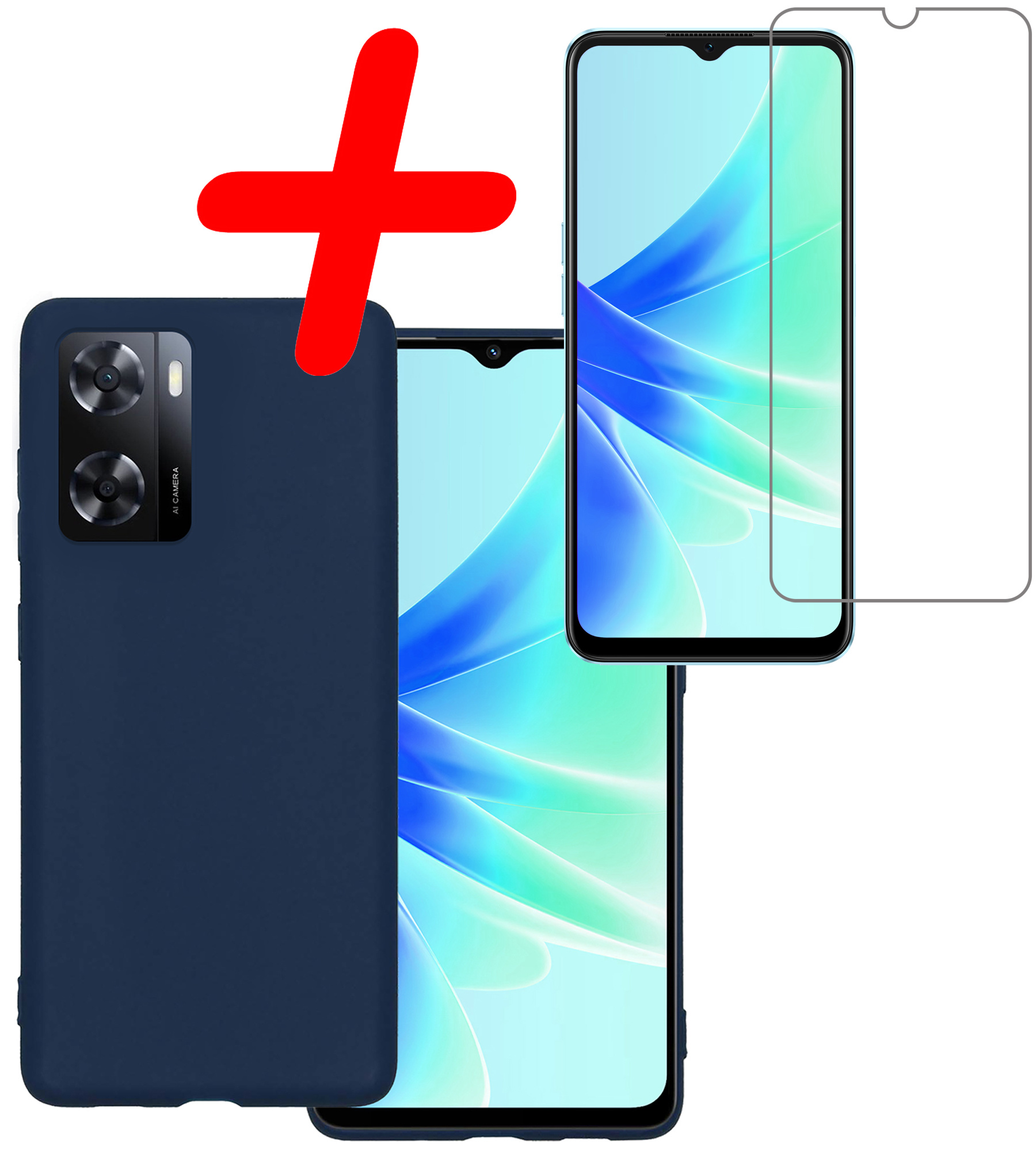 BASEY. Hoes Geschikt voor OPPO A57 Hoesje Siliconen Back Cover Case Met Screenprotector - Hoesje Geschikt voor OPPO A57 Hoes Cover Hoesje - Donkerblauw