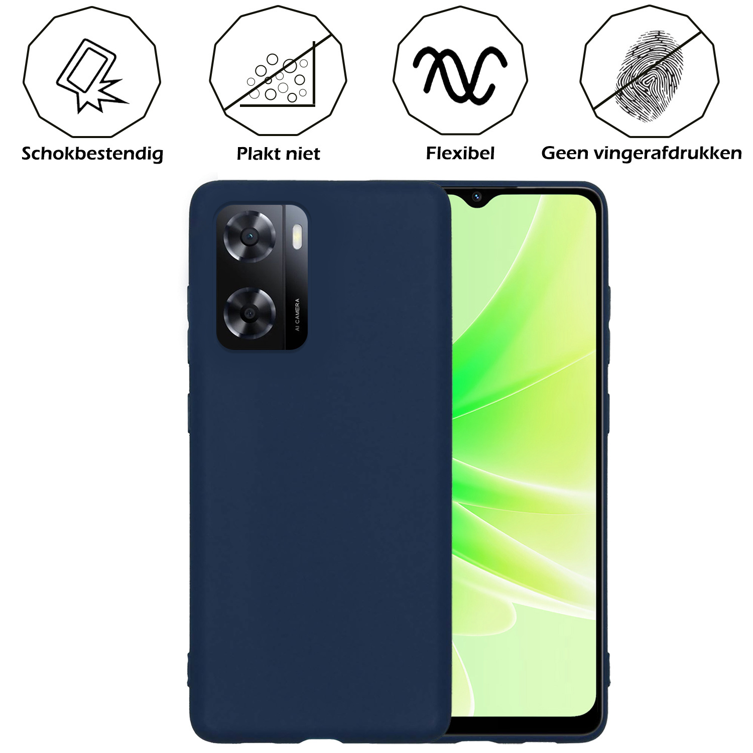 Nomfy Hoesje Geschikt voor OPPO A57s Hoesje Siliconen Cover Case Met 2x Screenprotector - Hoes Geschikt voor OPPO A57s Hoes Back Case - Donkerblauw